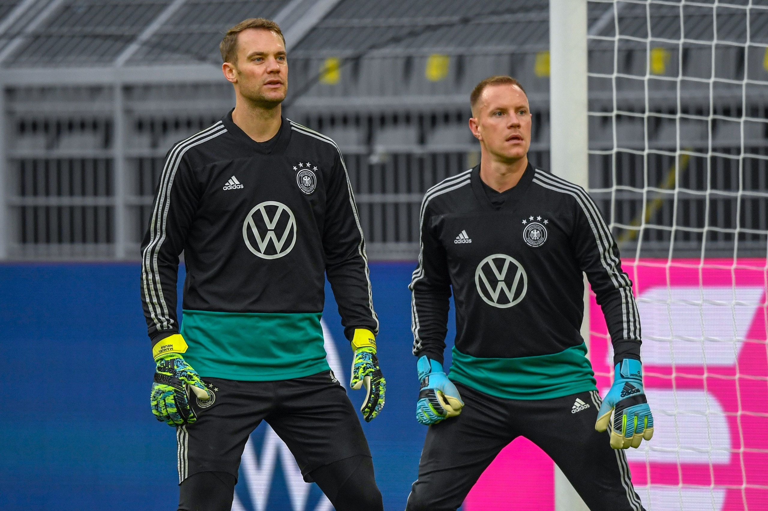Germany's goalkeeper Manuel Neuer and Germany's goalkeeper Marc-Andre Ter Stegen (R) attend a training session of the German national football in Dortmund, western Germany on October 08, 2019. - Germany plays a friendly soccer match against Argentina in D