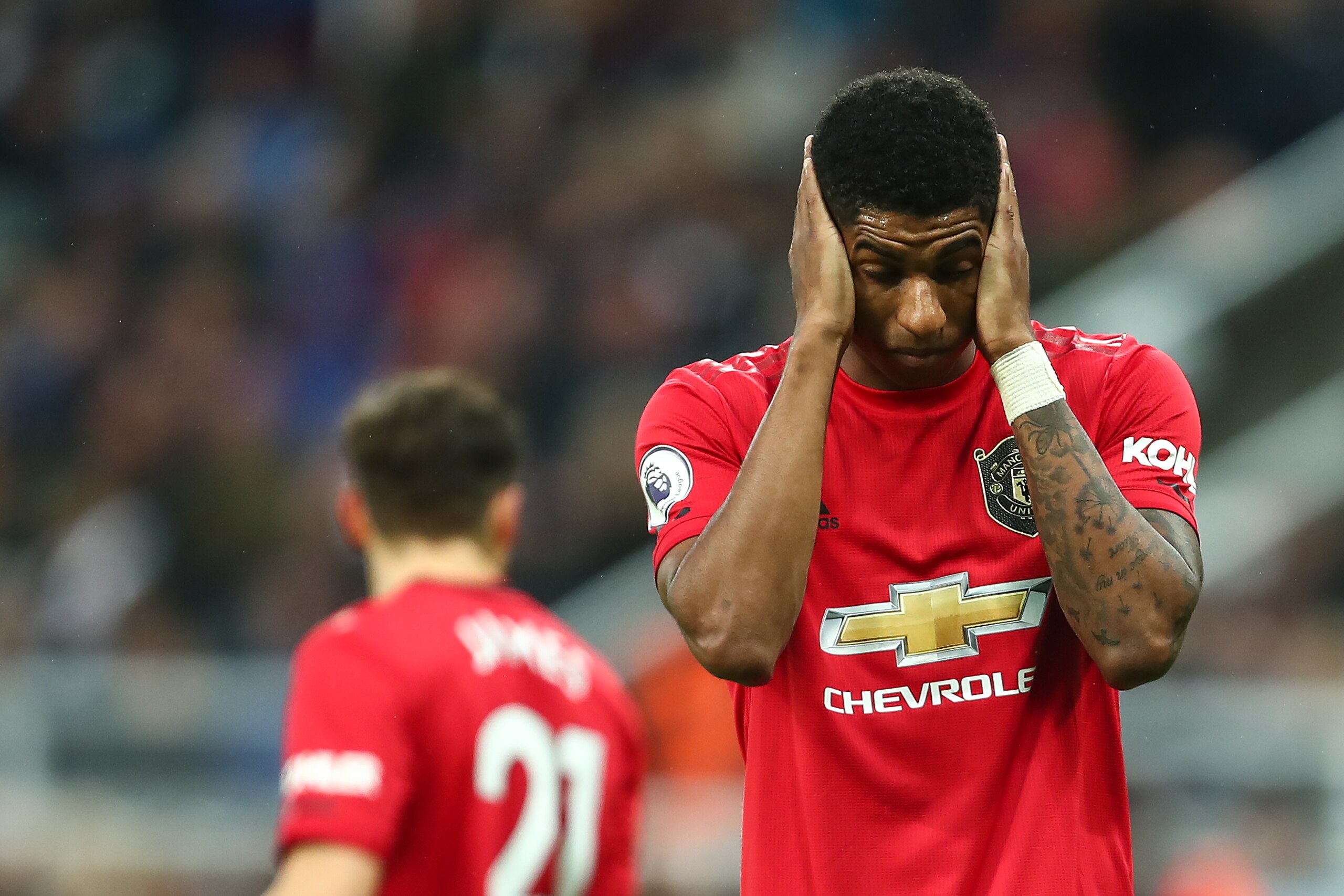 NEWCASTLE UPON TYNE, ENGLAND - OCTOBER 06: Marcus Rashford of Manchester United reacts during the Premier League match between Newcastle United and Manchester United at St. James Park on October 6, 2019 in Newcastle upon Tyne, United Kingdom. (Photo by Ro