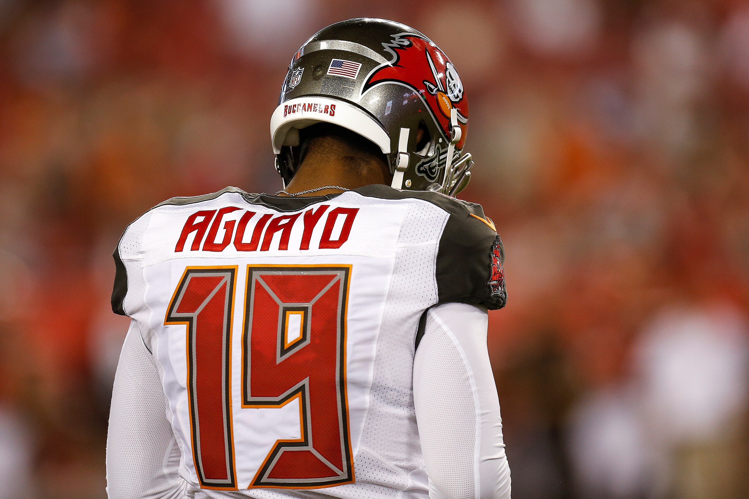 TAMPA, FL - AUGUST 26: A back view Kicker Roberto Aguayo #19 of the Tampa Bay Buccaneers as he appoarches the field during a preseason game against the Cleveland Browns at Raymond James Stadium on August 26, 2016 in Tampa, Florida. The Buccaneers defeated