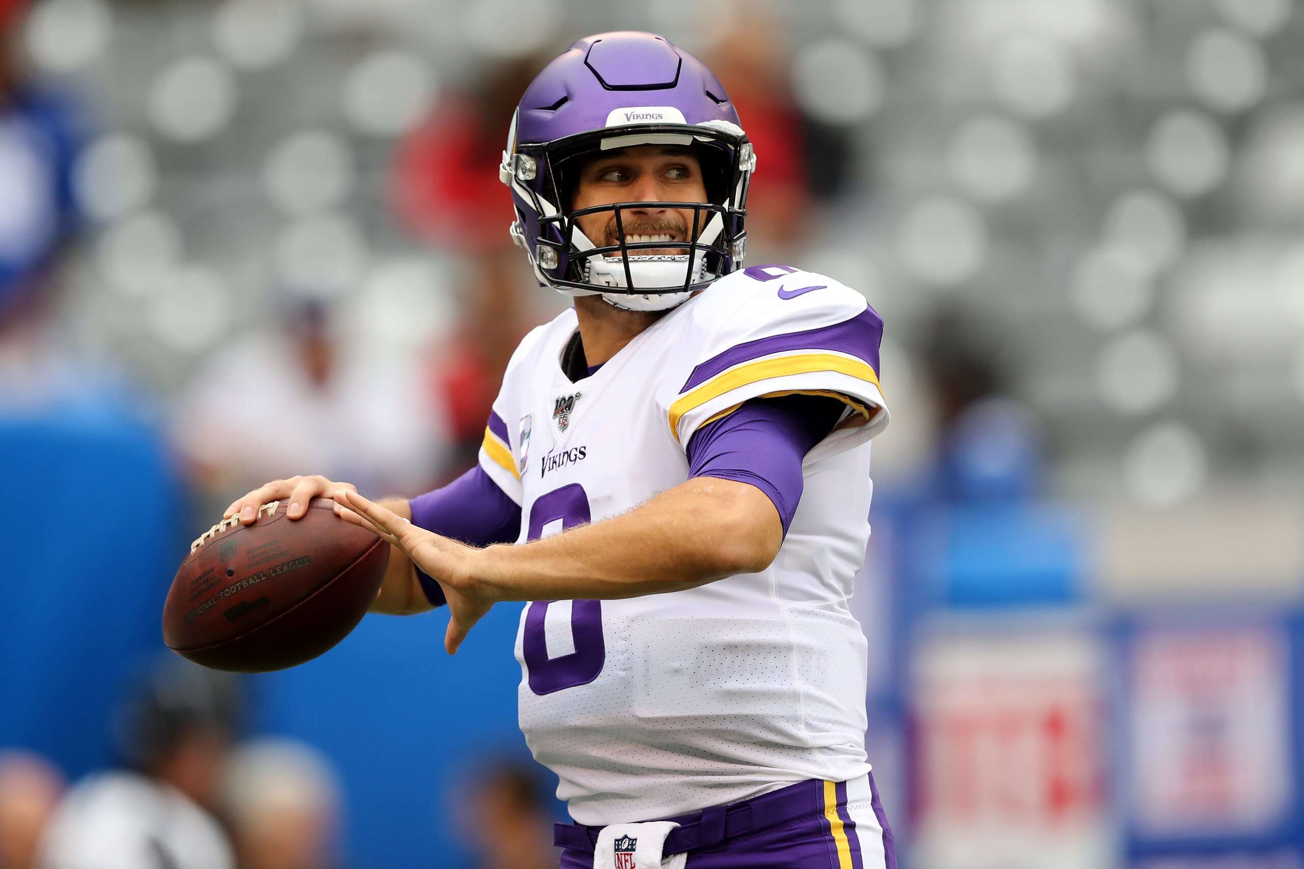 EAST RUTHERFORD, NEW JERSEY - OCTOBER 06: Kirk Cousins #8 of the Minnesota Vikings warms up prior to the game against against the New York Giants at MetLife Stadium on October 06, 2019 in East Rutherford, New Jersey. (Photo by Elsa/Getty Images)