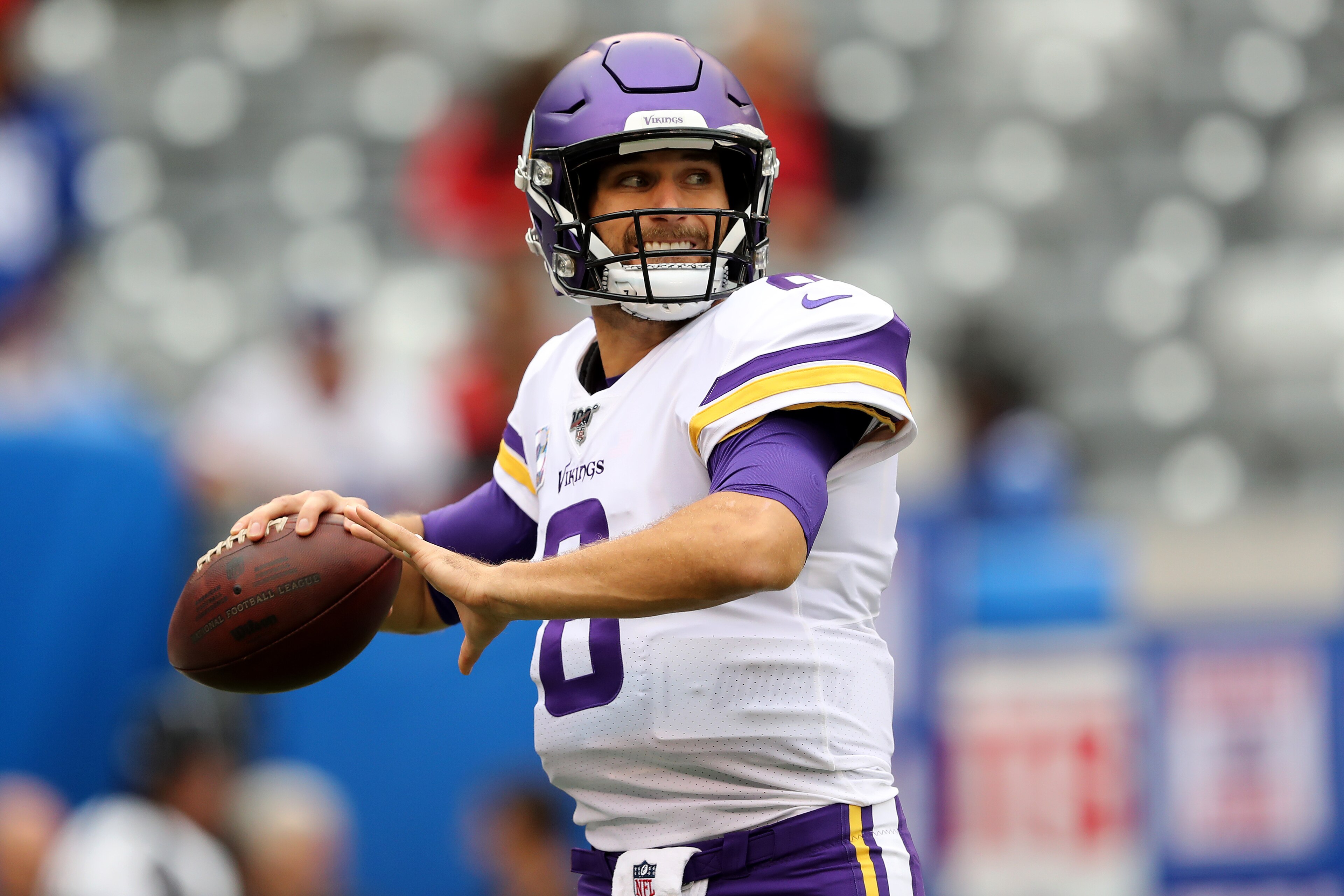 EAST RUTHERFORD, NEW JERSEY - OCTOBER 06: Kirk Cousins #8 of the Minnesota Vikings warms up prior to the game against against the New York Giants at MetLife Stadium on October 06, 2019 in East Rutherford, New Jersey. (Photo by Elsa/Getty Images)