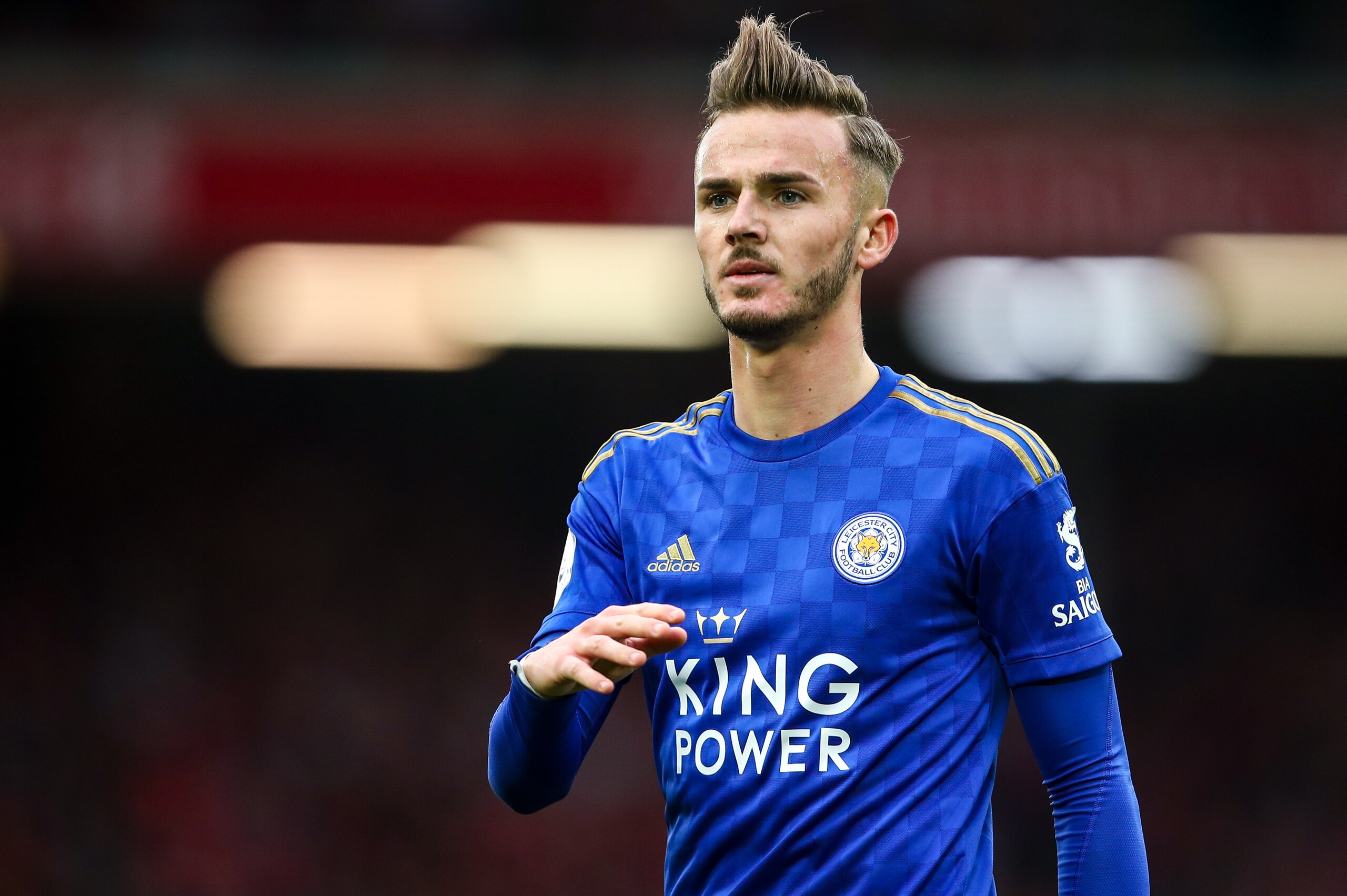 LIVERPOOL, ENGLAND - OCTOBER 05: James Maddison of Leicester City during the Premier League match between Liverpool FC and Leicester City at Anfield on October 5, 2019 in Liverpool, United Kingdom. (Photo by Robbie Jay Barratt - AMA/Getty Images)