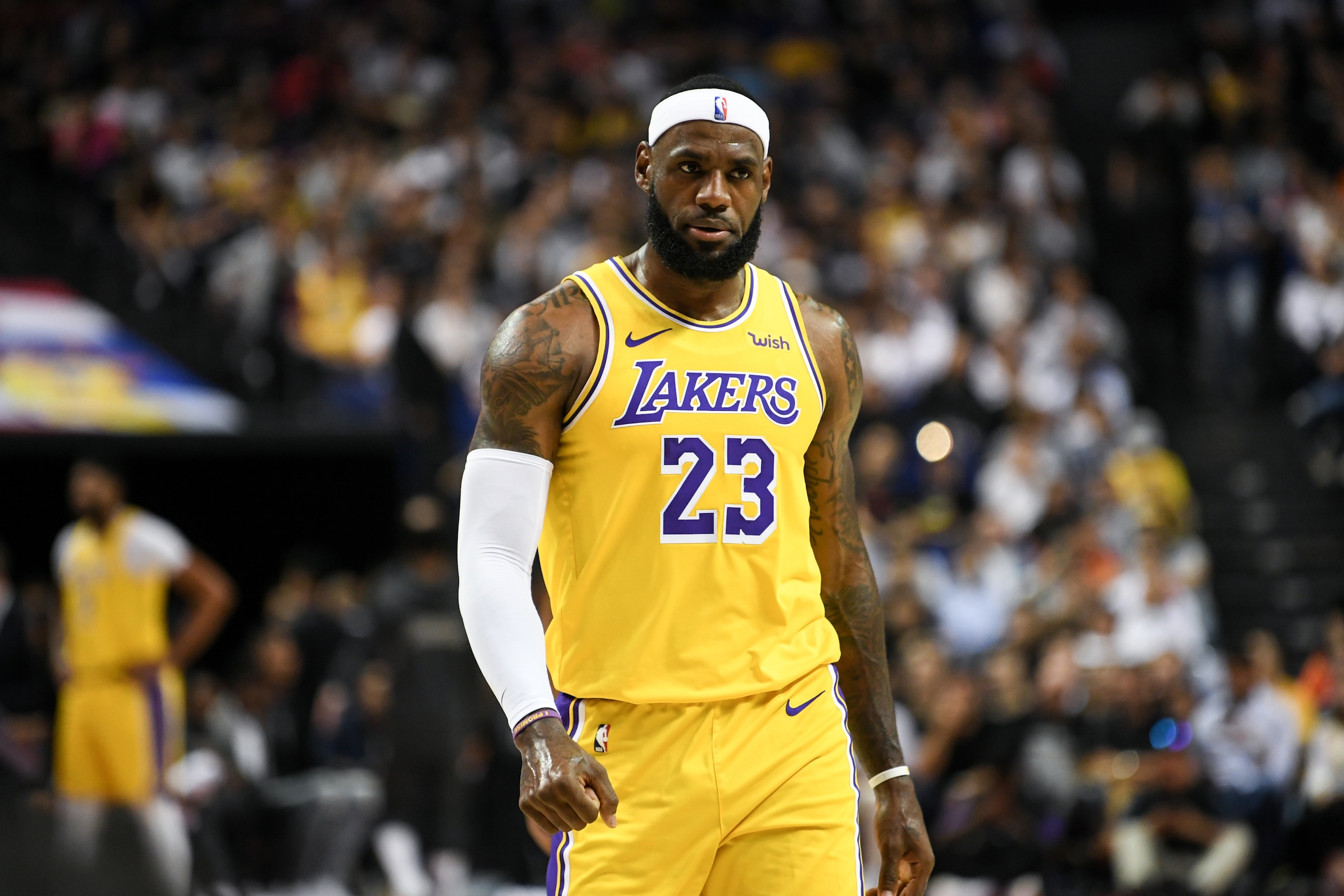 SHANGHAI, CHINA - OCTOBER 10: LeBron James #23 of the Los Angeles Lakers plays in a preseason game against the Brooklyn Nets as part of 2019 NBA Global Games China at Mercedes-Benz Arena on October 10, 2019 in Shanghai, China. NOTE TO USER: User expressly