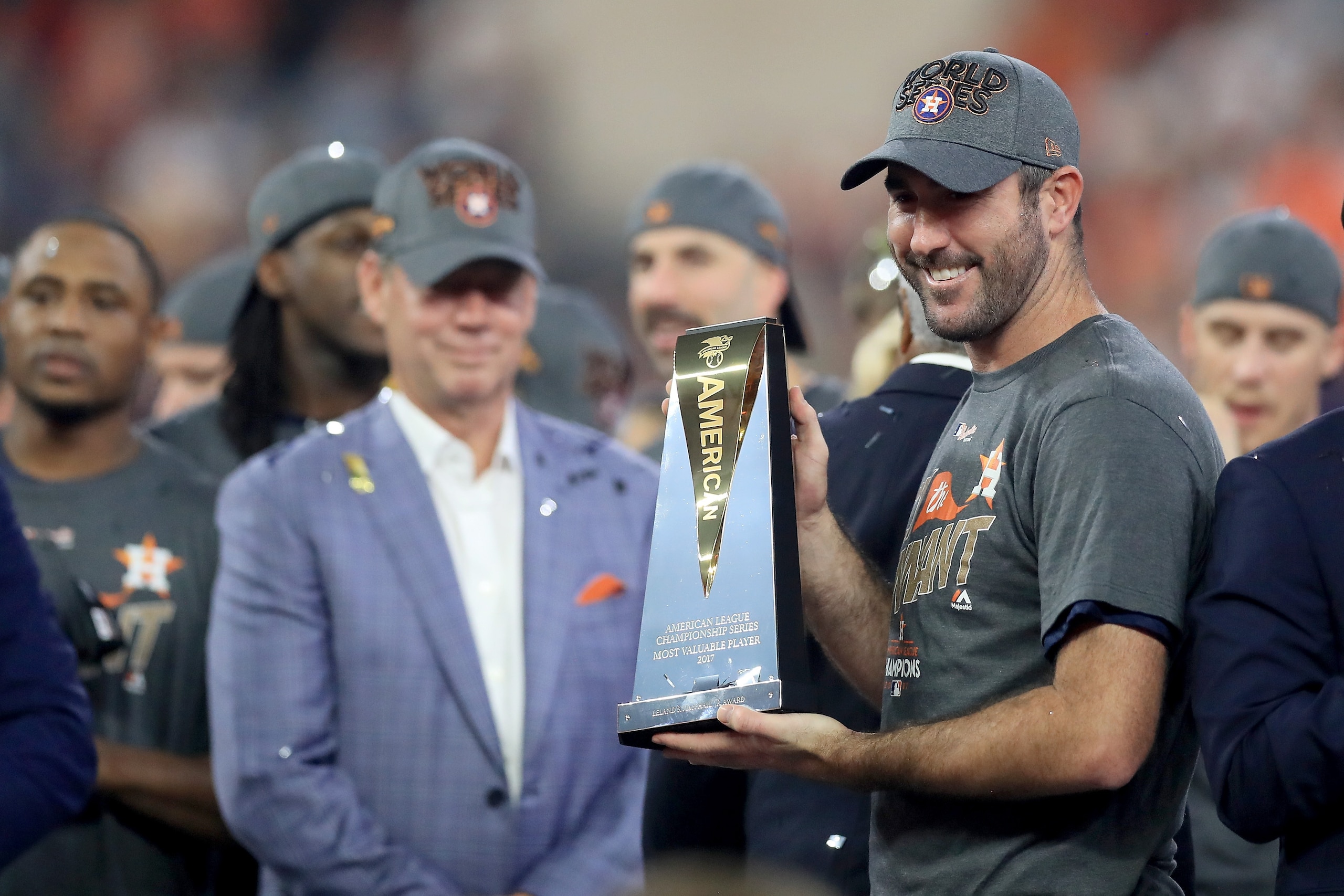 HOUSTON, TX - OCTOBER 21:  Justin Verlander #35 of the Houston Astros celebrates with the MVP trophy after defeating the New York Yankees by a score of 4-0 to win Game Seven of the American League Championship Series at Minute Maid Park on October 21, 201