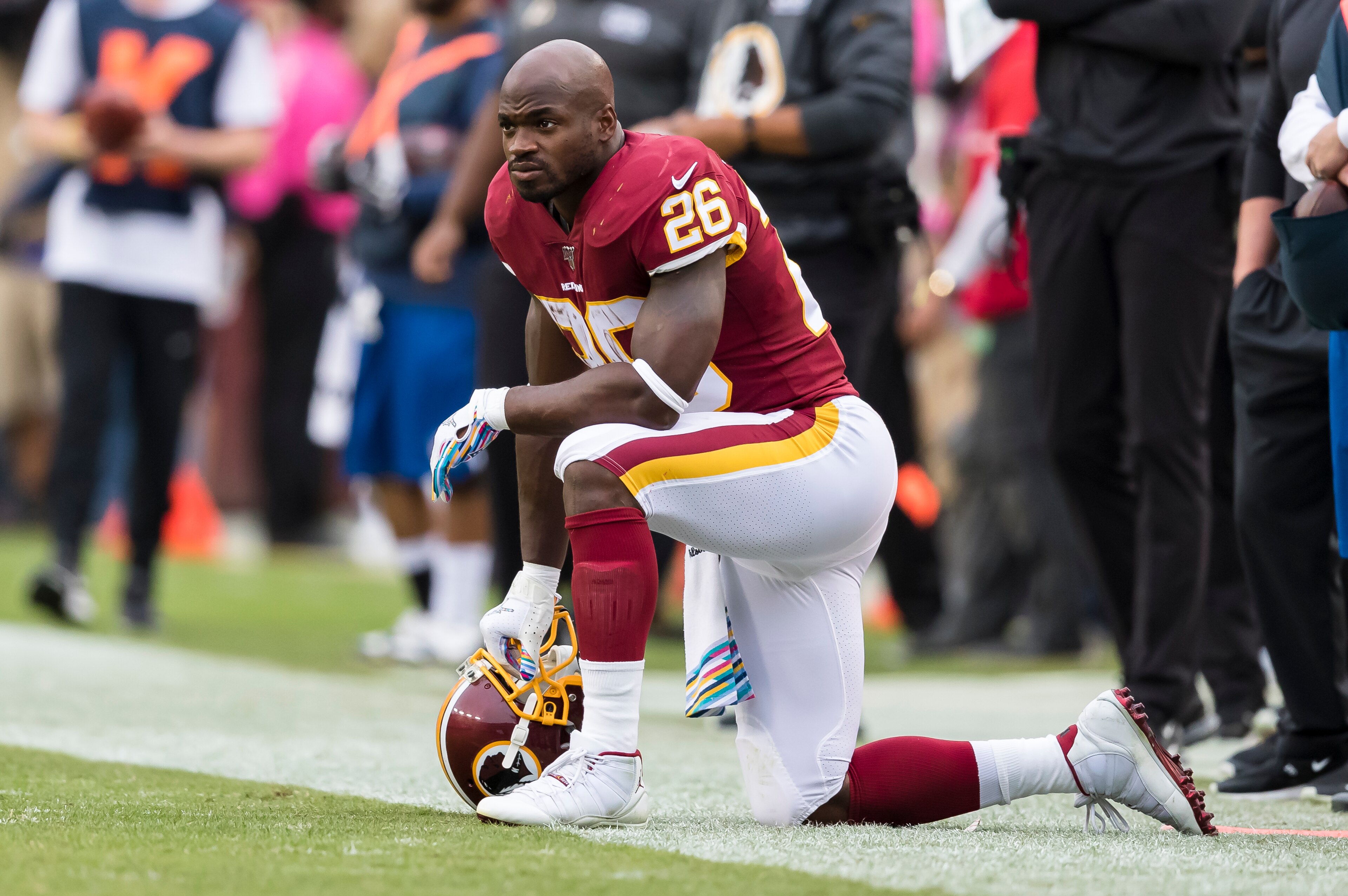 LANDOVER, MD - OCTOBER 06: Adrian Peterson #26 of the Washington Redskins looks on against the New England Patriots during the second half at FedExField on October 6, 2019 in Landover, Maryland. (Photo by Scott Taetsch/Getty Images) LANDOVER, MD - OCTOBER 06: Adrian Peterson #26 of the Washington Redskins looks on against the New England Patriots during the second half at FedExField on October 6, 2019 in Landover, Maryland. (Photo by Scott Taetsch/Getty Images)