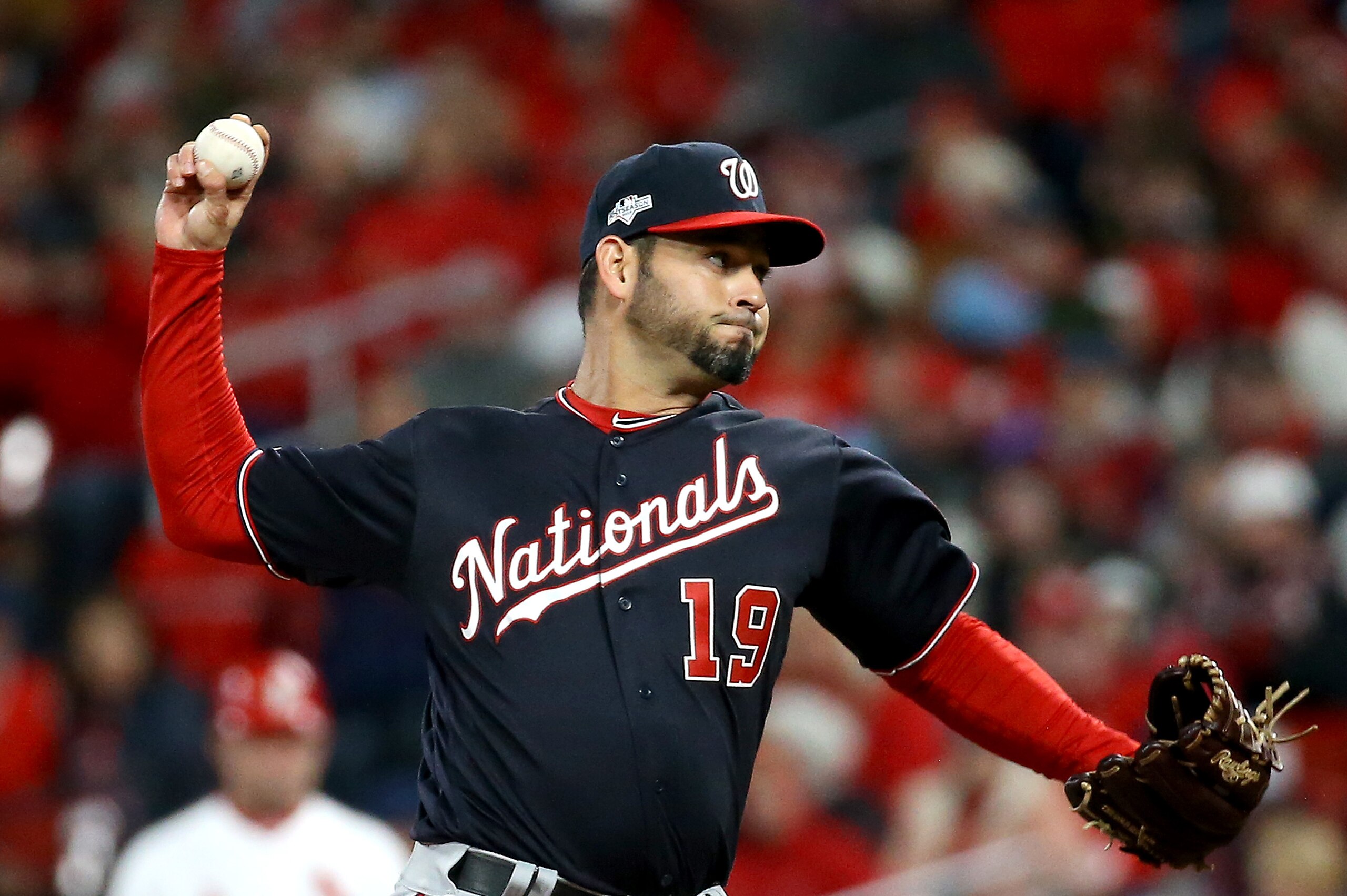 ST LOUIS, MISSOURI - OCTOBER 11: Anibal Sanchez #19 of the Washington Nationals throws a pitch against the St. Louis Cardinals during the sixth inning  in game one of the National League Championship Series at Busch Stadium on October 11, 2019 in St Louis