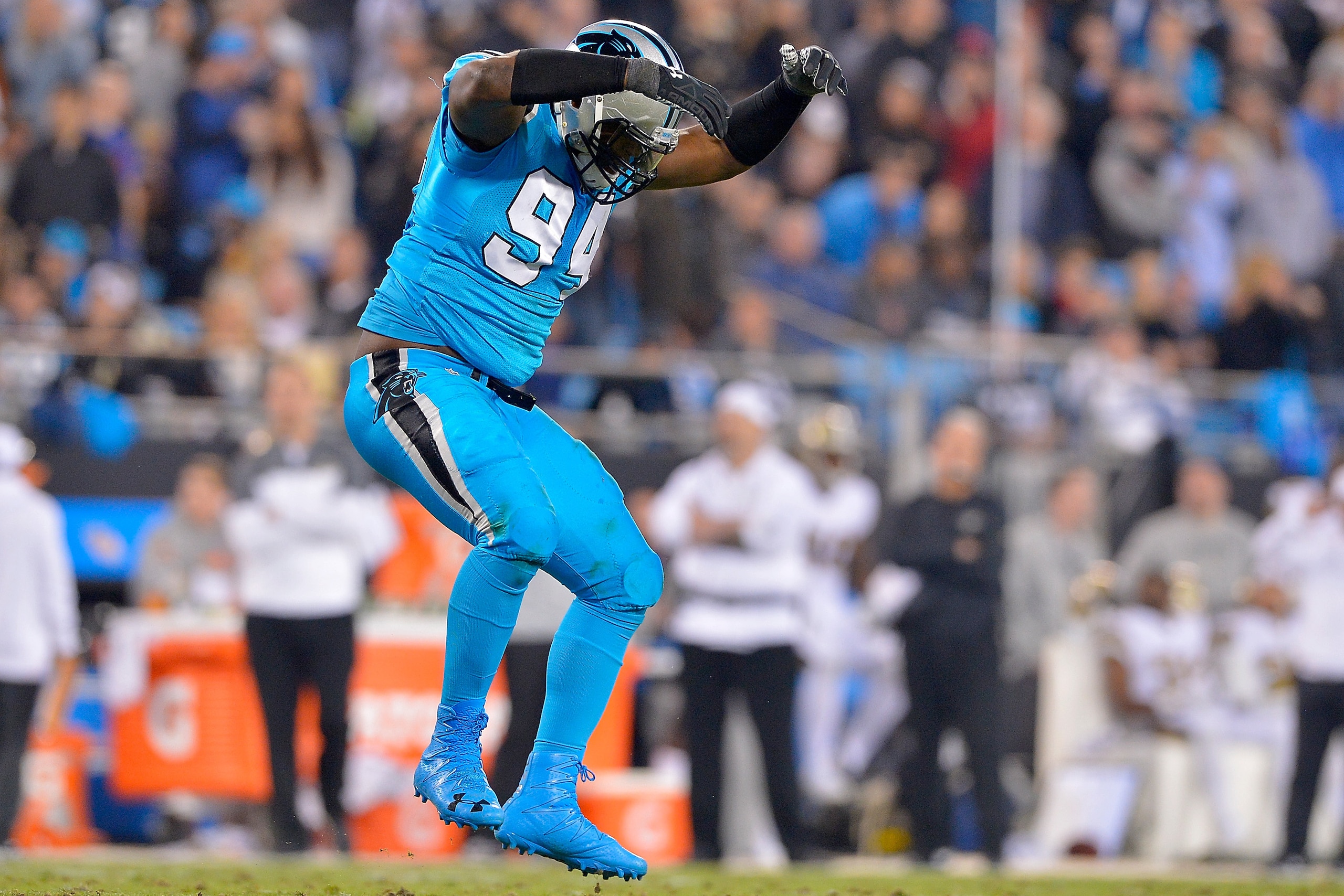 CHARLOTTE, NC - NOVEMBER 17:  Kony Ealy #94 of the Carolina Panthers reacts after a sack against the New Orleans Saints in the third quarter during the game at Bank of America Stadium on November 17, 2016 in Charlotte, North Carolina.  (Photo by Grant Hal