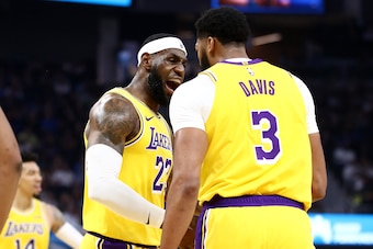 SAN FRANCISCO, CALIFORNIA - OCTOBER 05:  LeBron James #23 congratulates Anthony Davis #3 of the Los Angeles Lakers after he made a basket against the Golden State Warriors at Chase Center on October 05, 2019 in San Francisco, California.  NOTE TO USER: Us