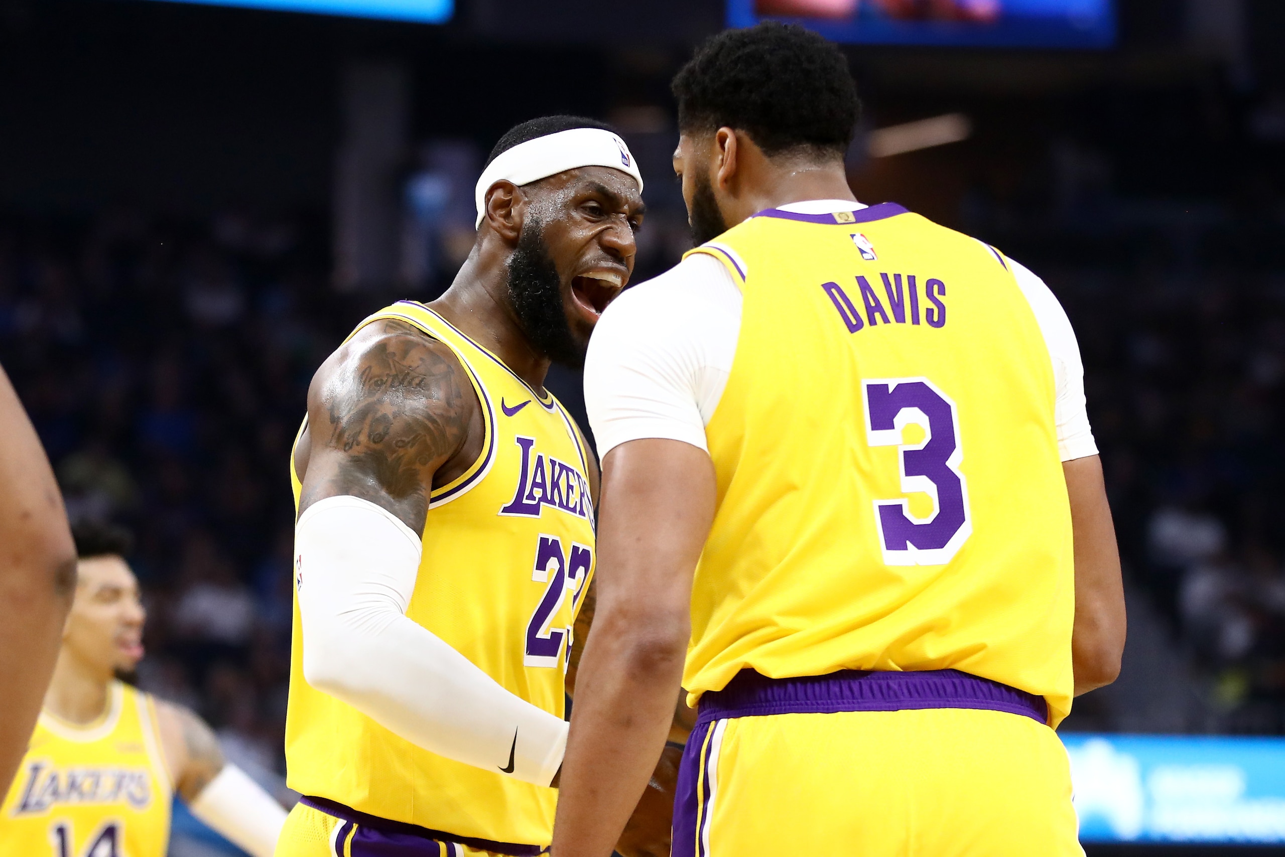 SAN FRANCISCO, CALIFORNIA - OCTOBER 05: LeBron James #23 congratulates Anthony Davis #3 of the Los Angeles Lakers after he made a basket against the Golden State Warriors at Chase Center on October 05, 2019 in San Francisco, California. NOTE TO USER: Us SAN FRANCISCO, CALIFORNIA - OCTOBER 05: LeBron James #23 congratulates Anthony Davis #3 of the Los Angeles Lakers after he made a basket against the Golden State Warriors at Chase Center on October 05, 2019 in San Francisco, California. NOTE TO USER: Us