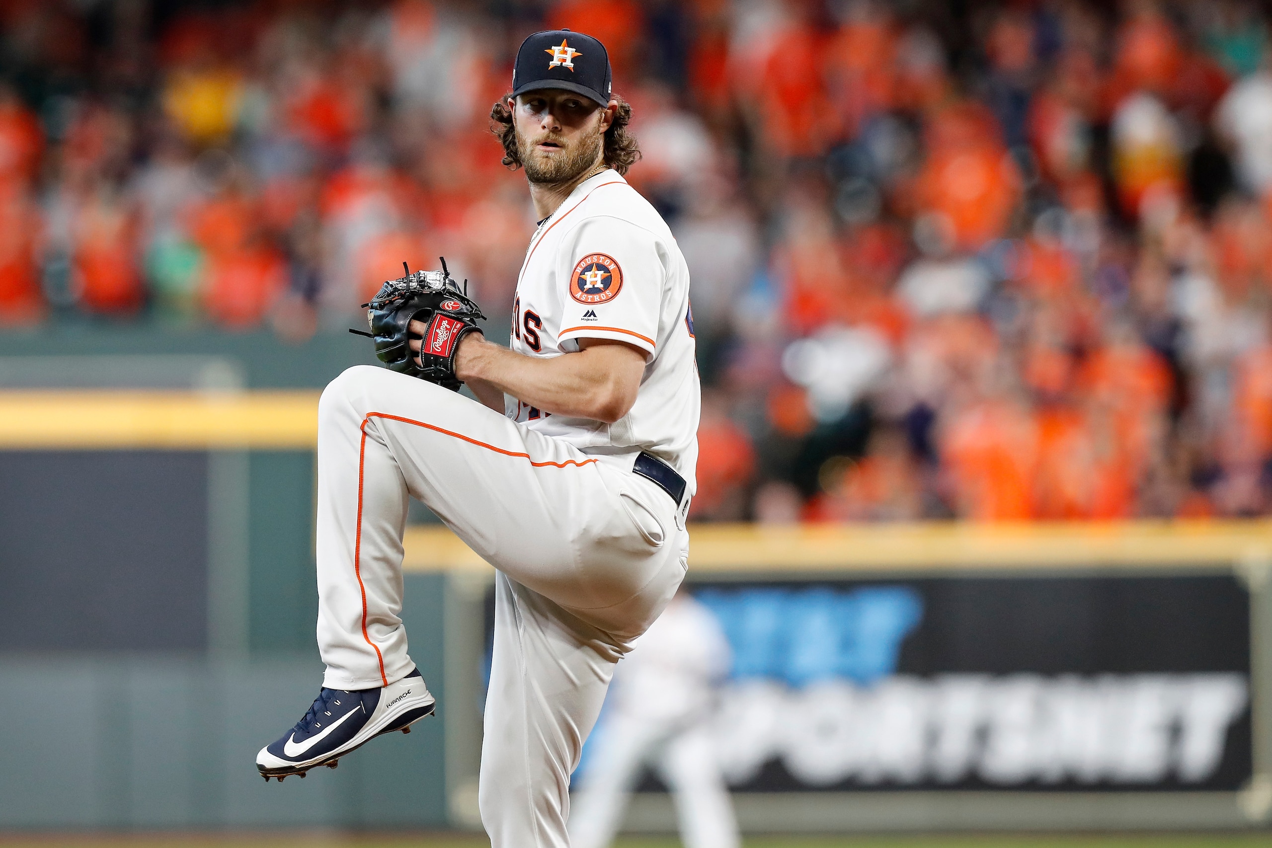 HOUSTON, TX - OCTOBER 10:  Gerrit Cole #45 of the Houston Astros pitches in the third inning against the Tampa Bay Rays at Minute Maid Park on October 10, 2019 in Houston, Texas.  (Photo by Tim Warner/Getty Images)