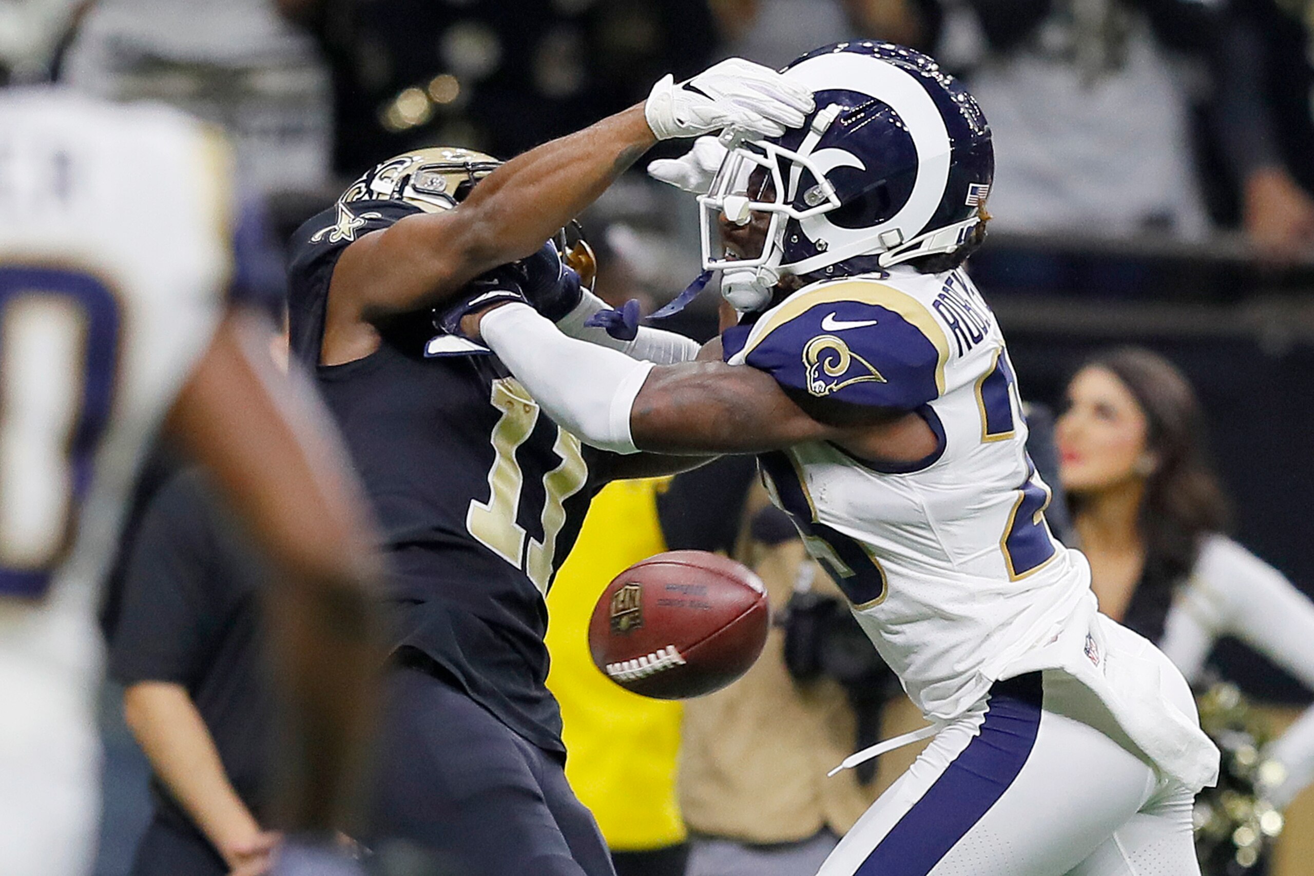 NEW ORLEANS, LOUISIANA - JANUARY 20: Tommylee Lewis #11 of the New Orleans Saints drops a pass broken up by Nickell Robey-Coleman #23 of the Los Angeles Rams during the fourth quarter in the NFC Championship game at the Mercedes-Benz Superdome on January NEW ORLEANS, LOUISIANA - JANUARY 20: Tommylee Lewis #11 of the New Orleans Saints drops a pass broken up by Nickell Robey-Coleman #23 of the Los Angeles Rams during the fourth quarter in the NFC Championship game at the Mercedes-Benz Superdome on January
