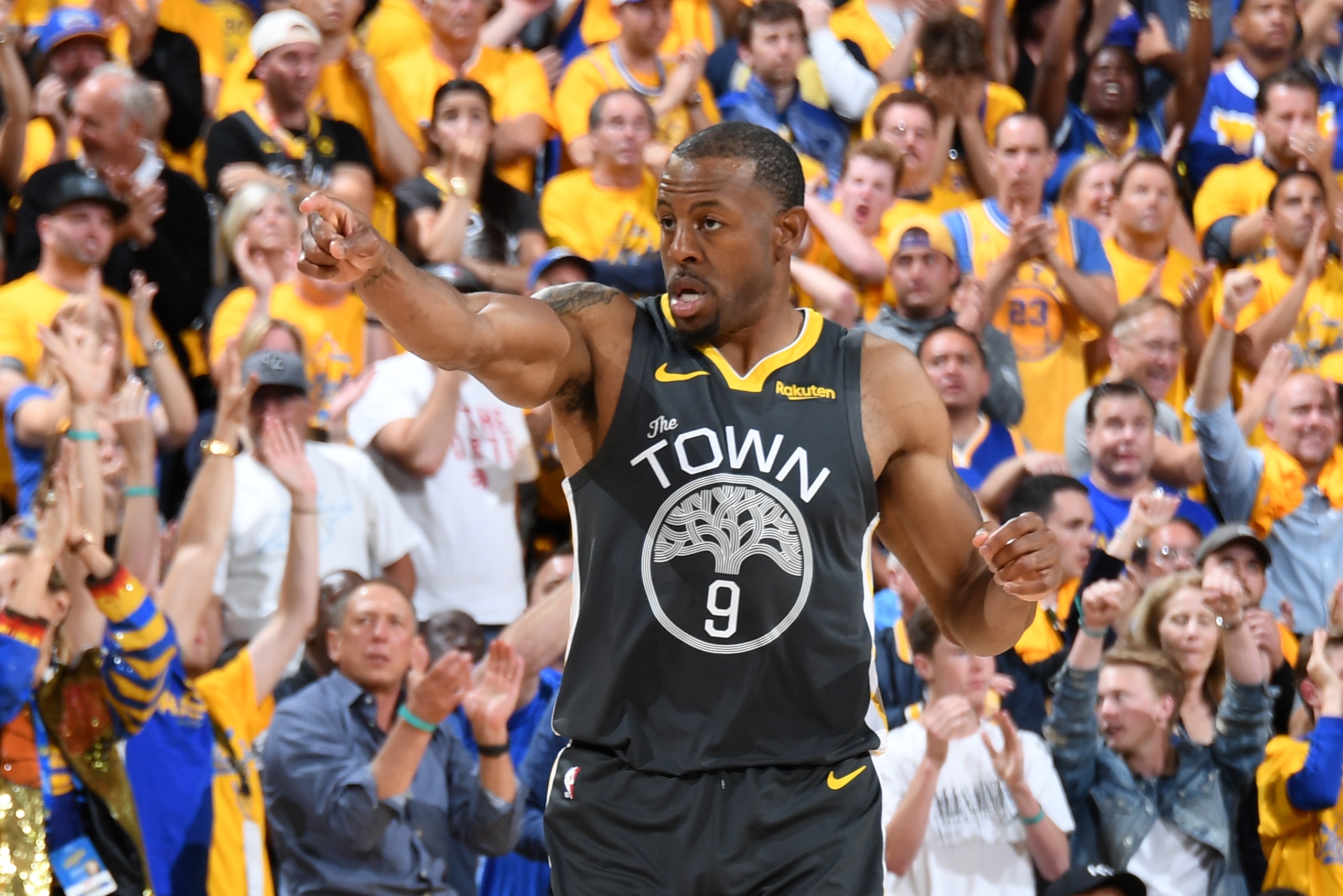 OAKLAND, CA - JUNE 13: Andre Iguodala #9 of the Golden State Warriors reacts against the Toronto Raptors during Game Six of the NBA Finals on June 13, 2019 at ORACLE Arena in Oakland, California. NOTE TO USER: User expressly acknowledges and agrees that, OAKLAND, CA - JUNE 13: Andre Iguodala #9 of the Golden State Warriors reacts against the Toronto Raptors during Game Six of the NBA Finals on June 13, 2019 at ORACLE Arena in Oakland, California. NOTE TO USER: User expressly acknowledges and agrees that,