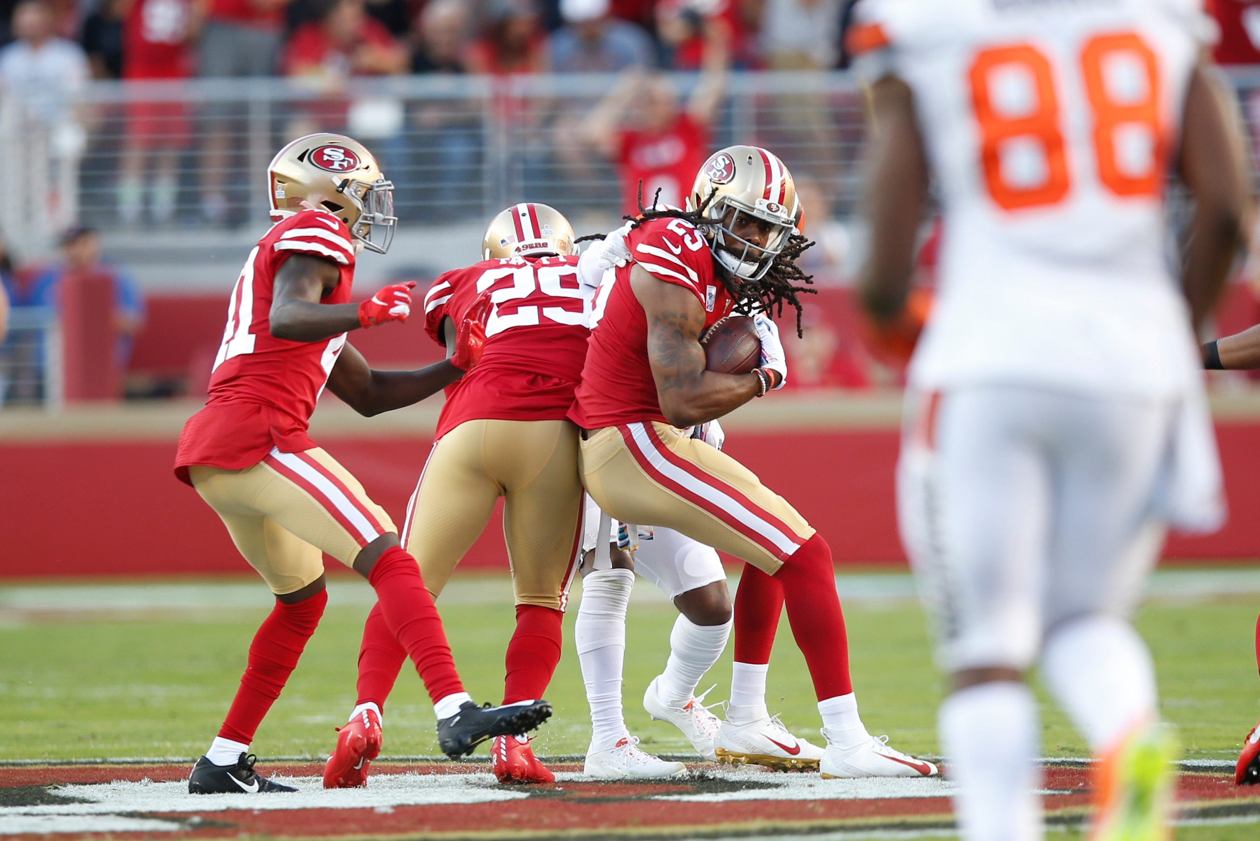 SANTA CLARA, CA - OCTOBER 7: Richard Sherman #25 of the San Francisco 49ers intercepts a pass during the game against the Cleveland Browns at Levi's Stadium on October 7, 2019 in Santa Clara, California. The 49ers defeated the Rams 31-3. (Photo by Michael