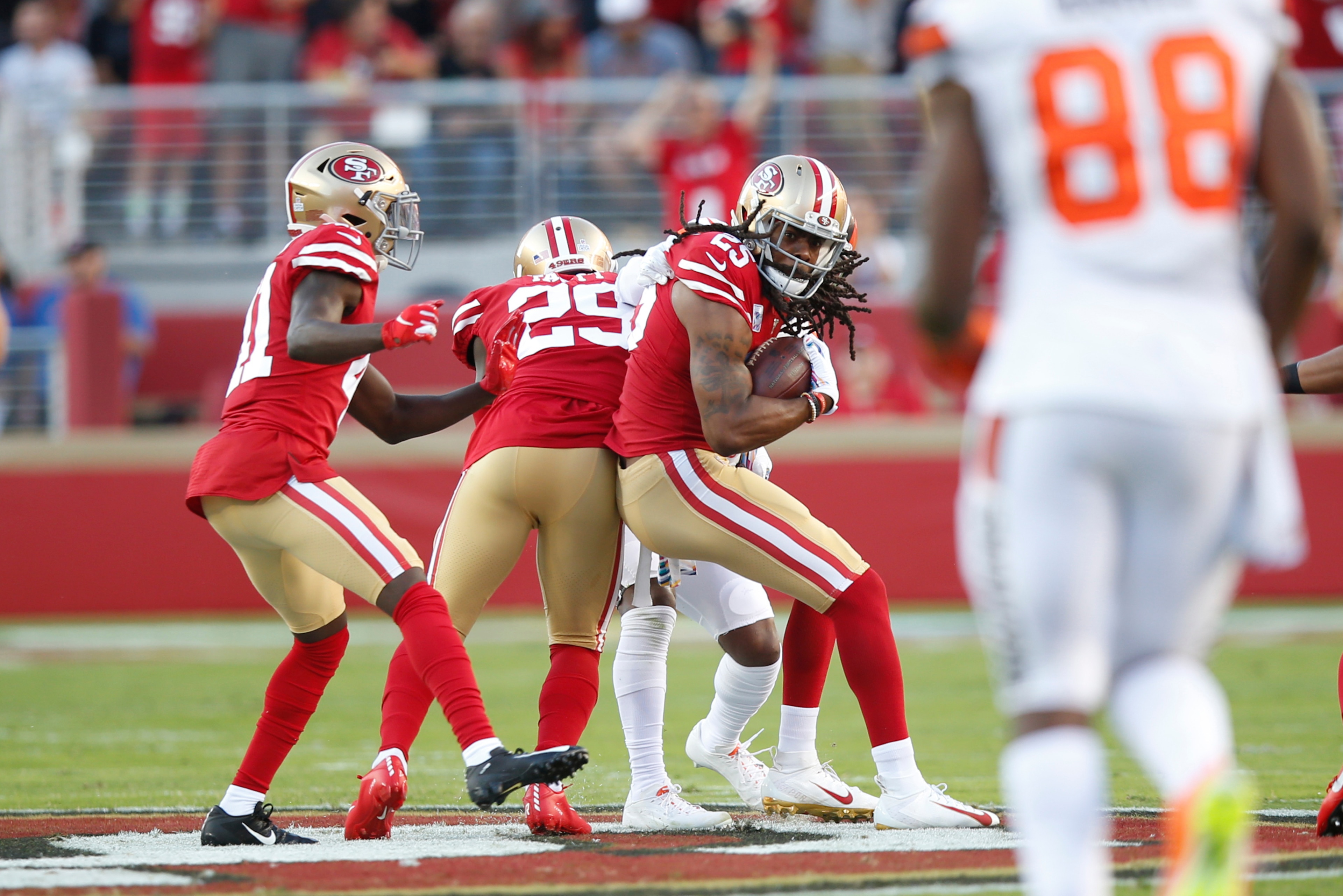 SANTA CLARA, CA - OCTOBER 7: Richard Sherman #25 of the San Francisco 49ers intercepts a pass during the game against the Cleveland Browns at Levi's Stadium on October 7, 2019 in Santa Clara, California. The 49ers defeated the Rams 31-3. (Photo by Michael