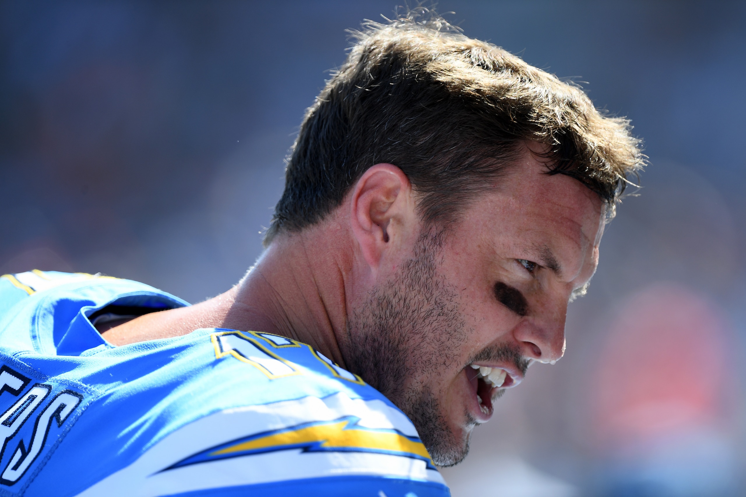 CARSON, CALIFORNIA - OCTOBER 06:  Philip Rivers #17 of the Los Angeles Chargers talks on the sidelines during a 20-13 loss to the Denver Broncos at Dignity Health Sports Park on October 06, 2019 in Carson, California. (Photo by Harry How/Getty Images)