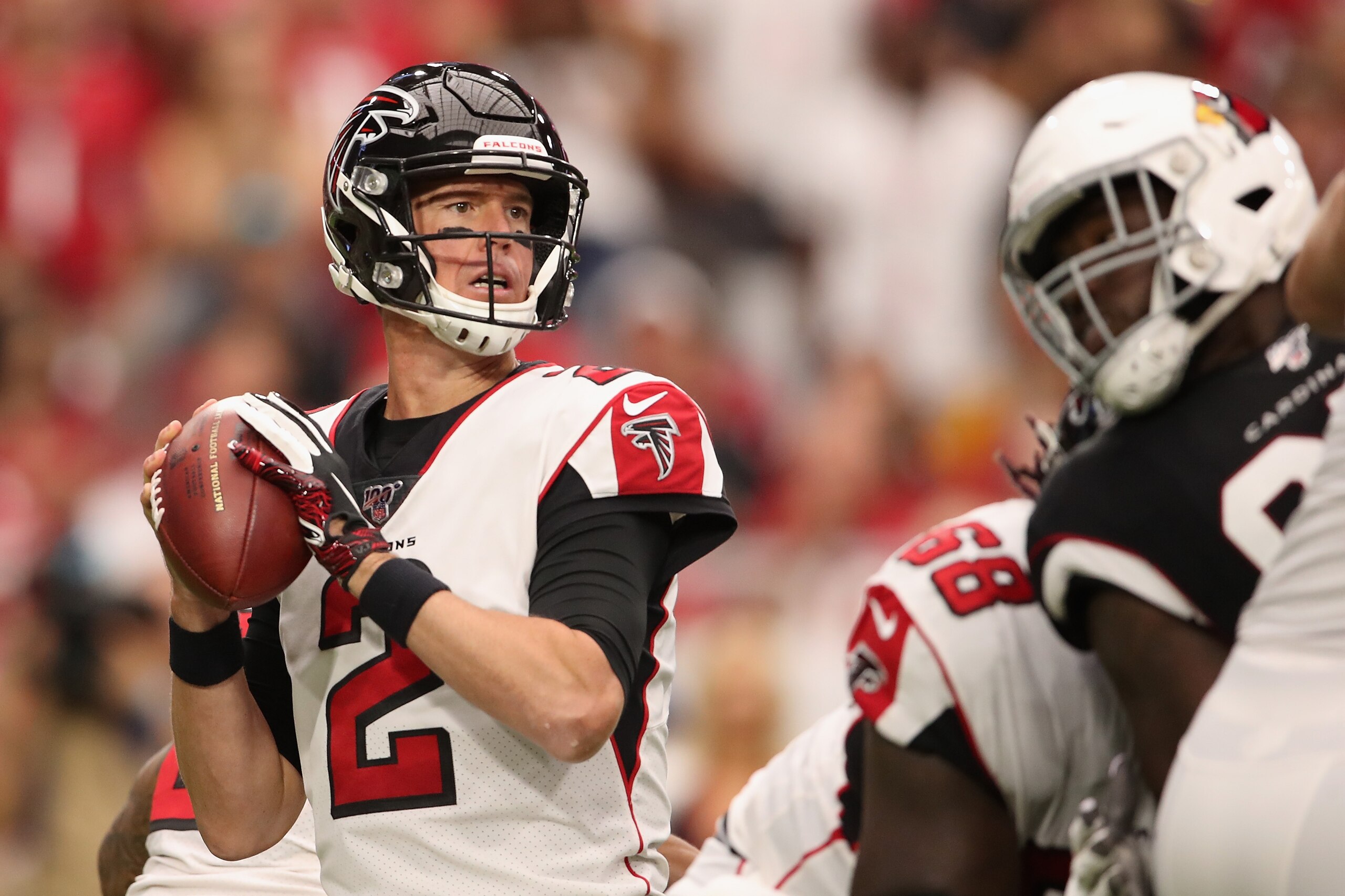 GLENDALE, ARIZONA - OCTOBER 13:  Quarterback Matt Ryan #2 of the Atlanta Falcons looks to pass during the NFL game against the Arizona Cardinals at State Farm Stadium on October 13, 2019 in Glendale, Arizona. The Cardinals defeated the Falcons 34-33. (Pho