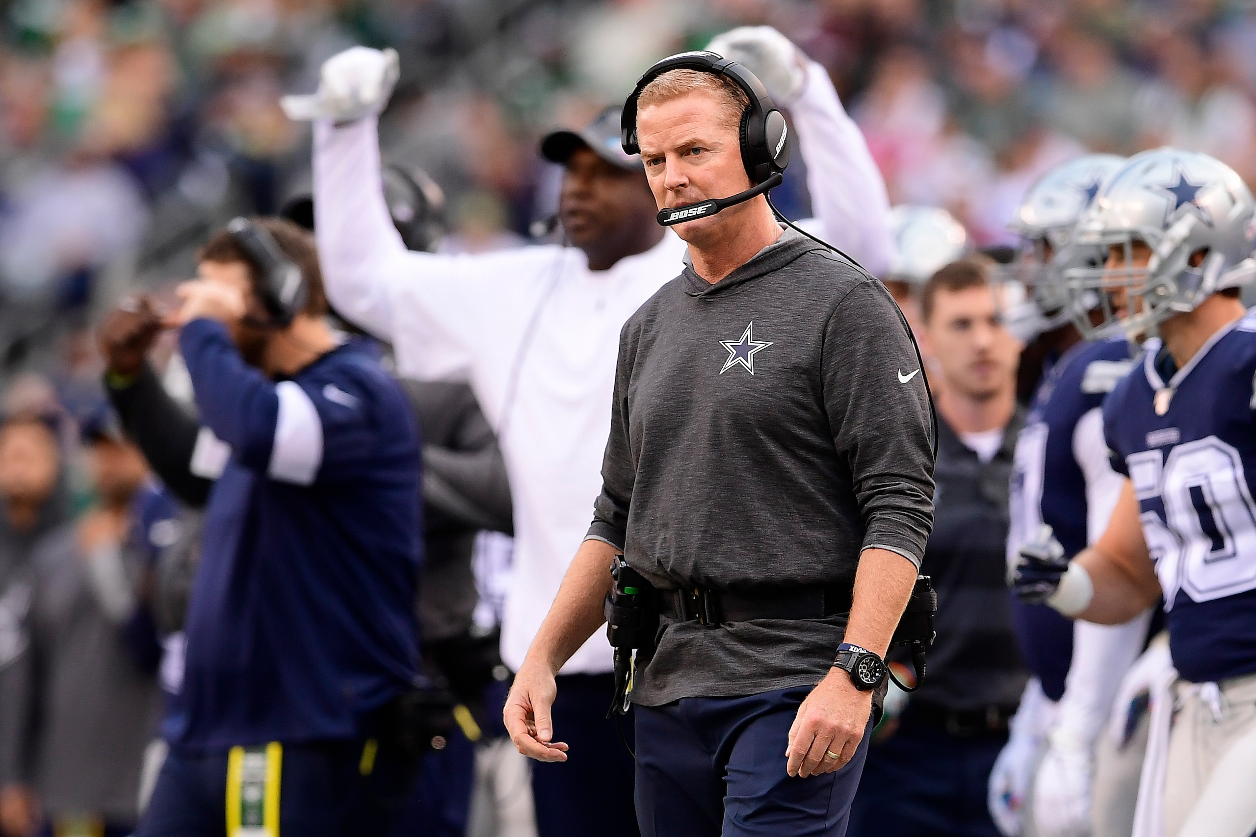 EAST RUTHERFORD, NEW JERSEY - OCTOBER 13:  Head coach Jason Garrett of the Dallas Cowboys reacts against the New York Jets at MetLife Stadium on October 13, 2019 in East Rutherford, New Jersey. (Photo by Steven Ryan/Getty Images)