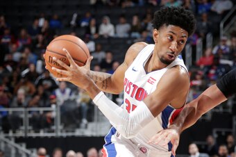 DETROIT, MI - OCTOBER 11: Christian Wood #35 of the Detroit Pistons handles the ball against the Cleveland Cavaliers during a pre-season game on October 11, 2019 at Little Caesars Arena in Detroit, Michigan. NOTE TO USER: User expressly acknowledges and a