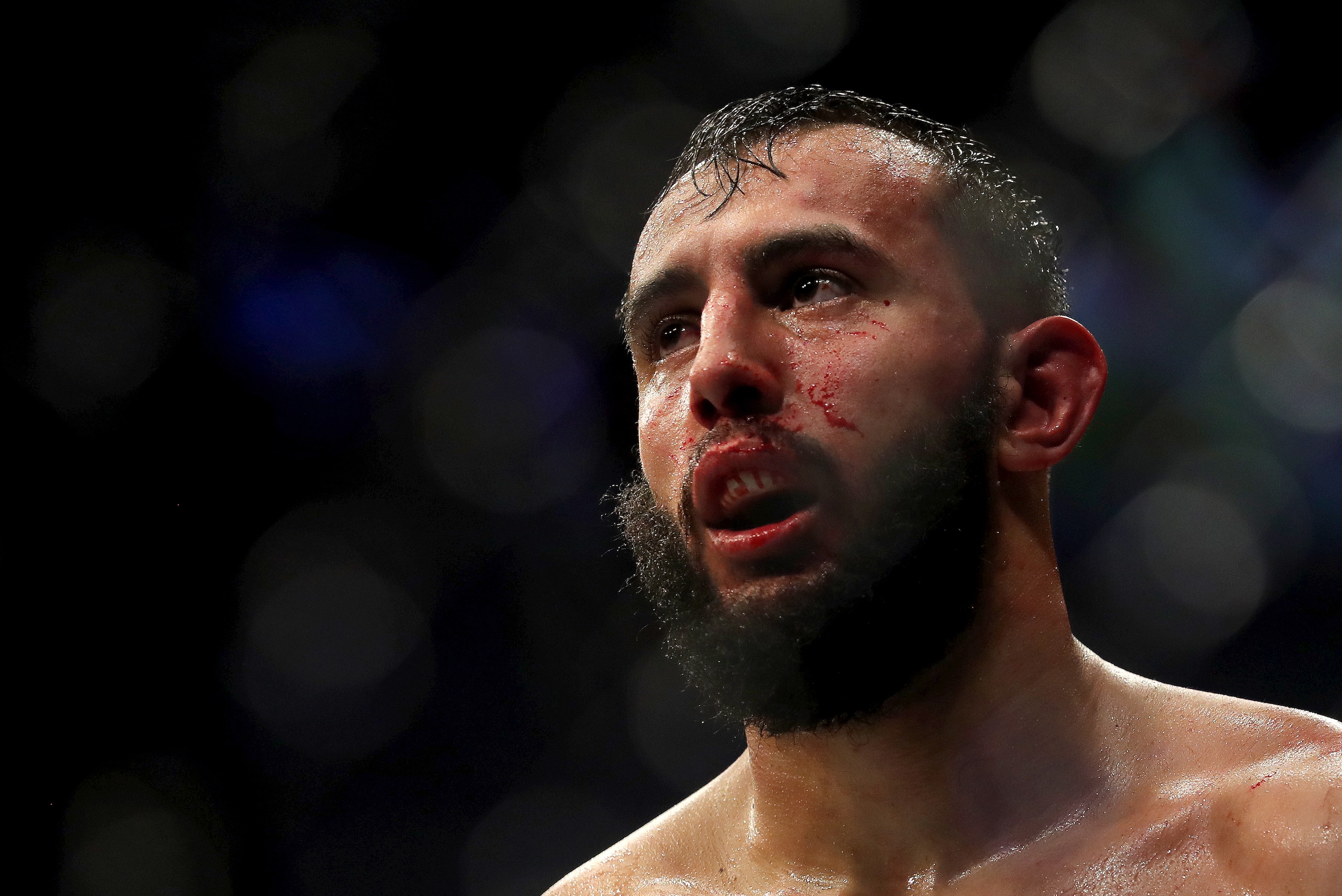 LONDON, ENGLAND - MARCH 16: Dominick Reyes looks on after the Light Heavyweight bout between Dominick Reyes and Volkan Oezdemir at The O2 Arena on March 16, 2019 in London, England. (Photo by James Chance/Getty Images)