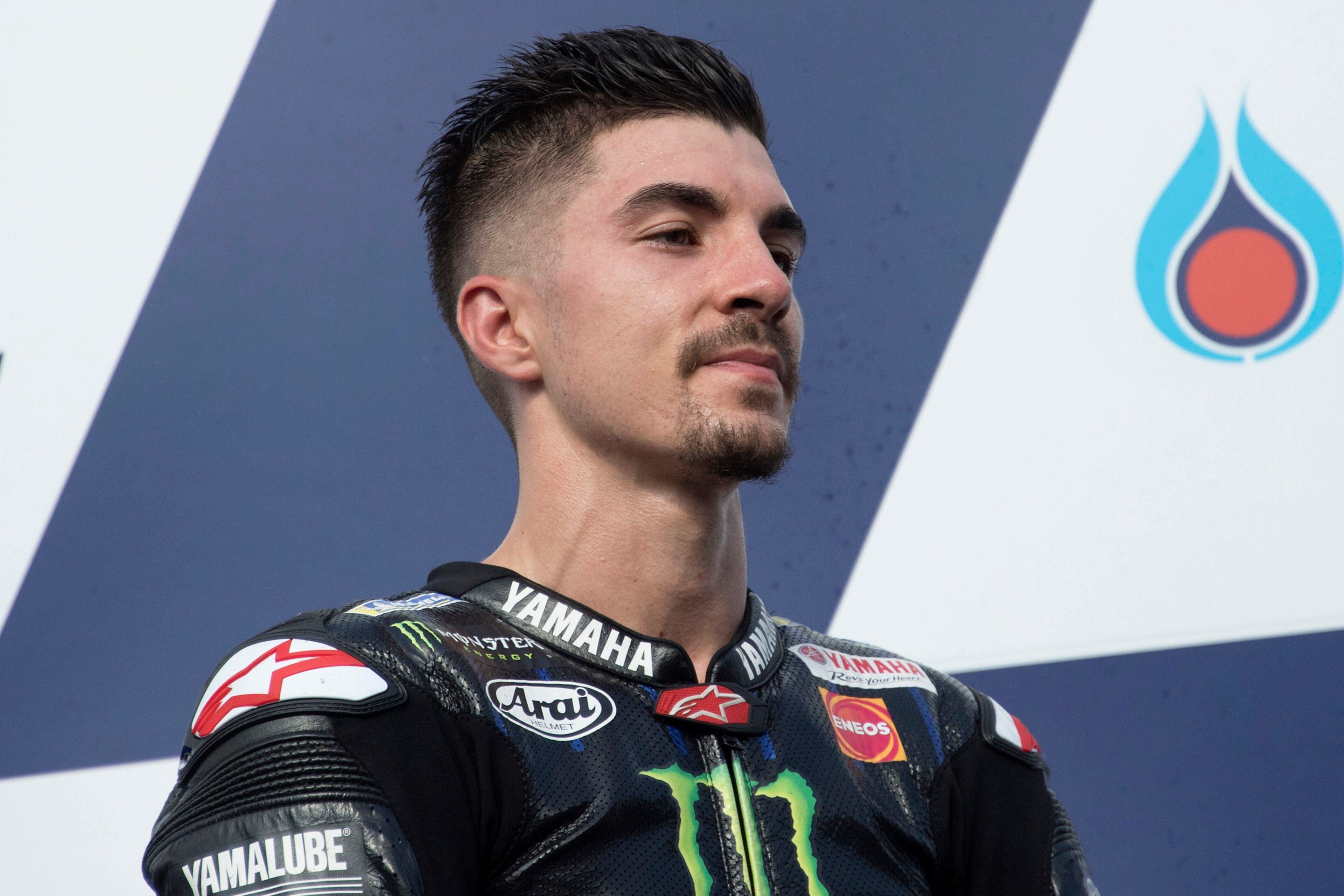 BANGKOK, THAILAND - OCTOBER 06:    Maverick Vinales of Spain and Yamaha Factory Racing  celebrates the third placeon the podium during the MotoGP race  during the MotoGP of Thailand - Race on October 06, 2019 in Bangkok, Thailand. (Photo by Mirco Lazzari 