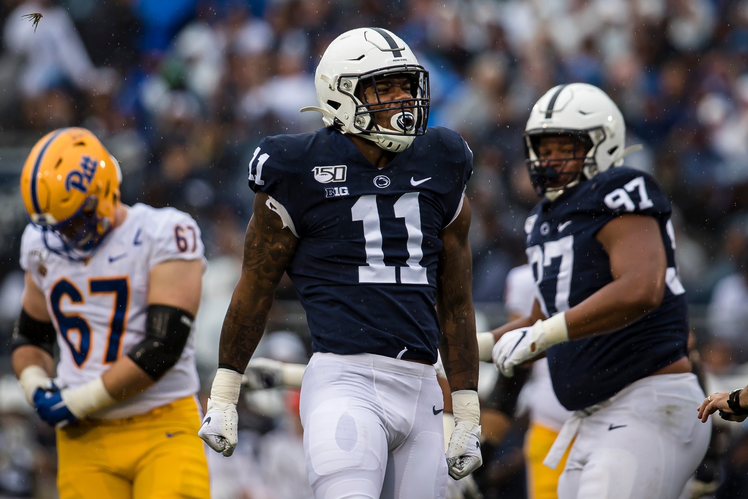 STATE COLLEGE, PA - SEPTEMBER 14: Micah Parsons #11 of the Penn State Nittany Lions celebrates against the Pittsburgh Panthers during the first half at Beaver Stadium on September 14, 2019 in State College, Pennsylvania. (Photo by Scott Taetsch/Getty Imag