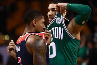 BOSTON, MA - DECEMBER 25:  Jayson Tatum #0 of the Boston Celtics and Bradley Beal #3 of the Washington Wizards talk after the game at TD Garden on December 25, 2017 in Boston, Massachusetts. NOTE TO USER: User expressly acknowledges and agrees that, by do