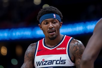 WASHINGTON, DC - OCTOBER 07: Bradley Beal #3 of the Washington Wizards looks on during the first half against the New York Knicks at Capital One Arena on October 7, 2019 in Washington, DC. NOTE TO USER: User expressly acknowledges and agrees that, by down