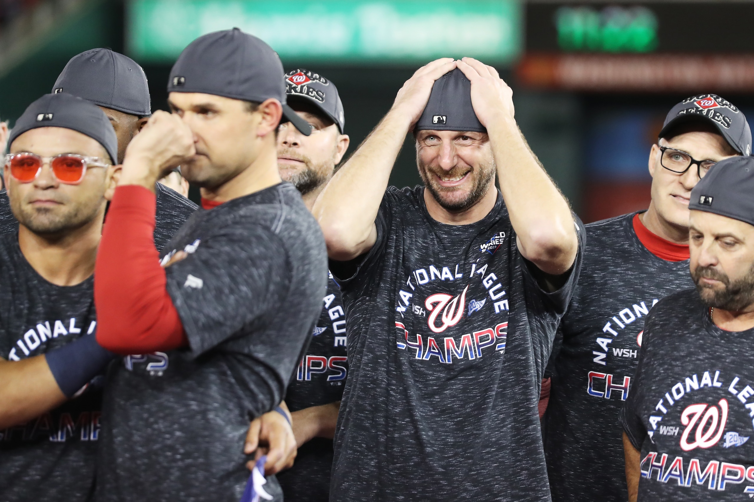 WASHINGTON, DC - OCTOBER 15: Max Scherzer #31 of the Washington Nationals celebrates winning game four and the National League Championship Series against the St. Louis Cardinals at Nationals Park on October 15, 2019 in Washington, DC. (Photo by Rob Carr/