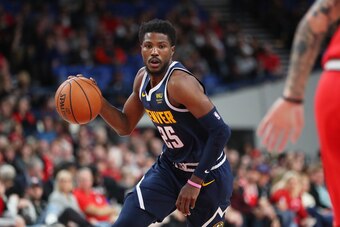 PORTLAND, OREGON - OCTOBER 08: Malik Beasley #25 of the Denver Nuggets dribbles with the ball in the fourth quarter against the Portland Trail Blazers during a preseason game at Veterans Memorial Coliseum on October 08, 2019 in Portland, Oregon. NOTE TO U