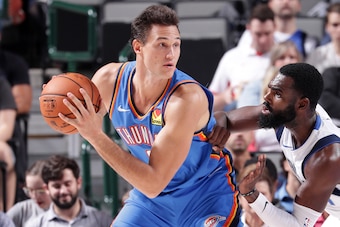 DALLAS, TX - OCTOBER 14: Danilo Gallinari #8 of the Oklahoma City Thunder handles the ball during a pre-season game against the Dallas Mavericks on October 14, 2019 at the American Airlines Center in Dallas, Texas. NOTE TO USER: User expressly acknowledge