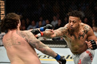 BOSTON, MASSACHUSETTS - OCTOBER 18:  (R-L) Greg Hardy punches Ben Sosoli in their heavyweight bout during the UFC Fight Night event at TD Garden on October 18, 2019 in Boston, Massachusetts. (Photo by Chris Unger/Zuffa LLC via Getty Images)