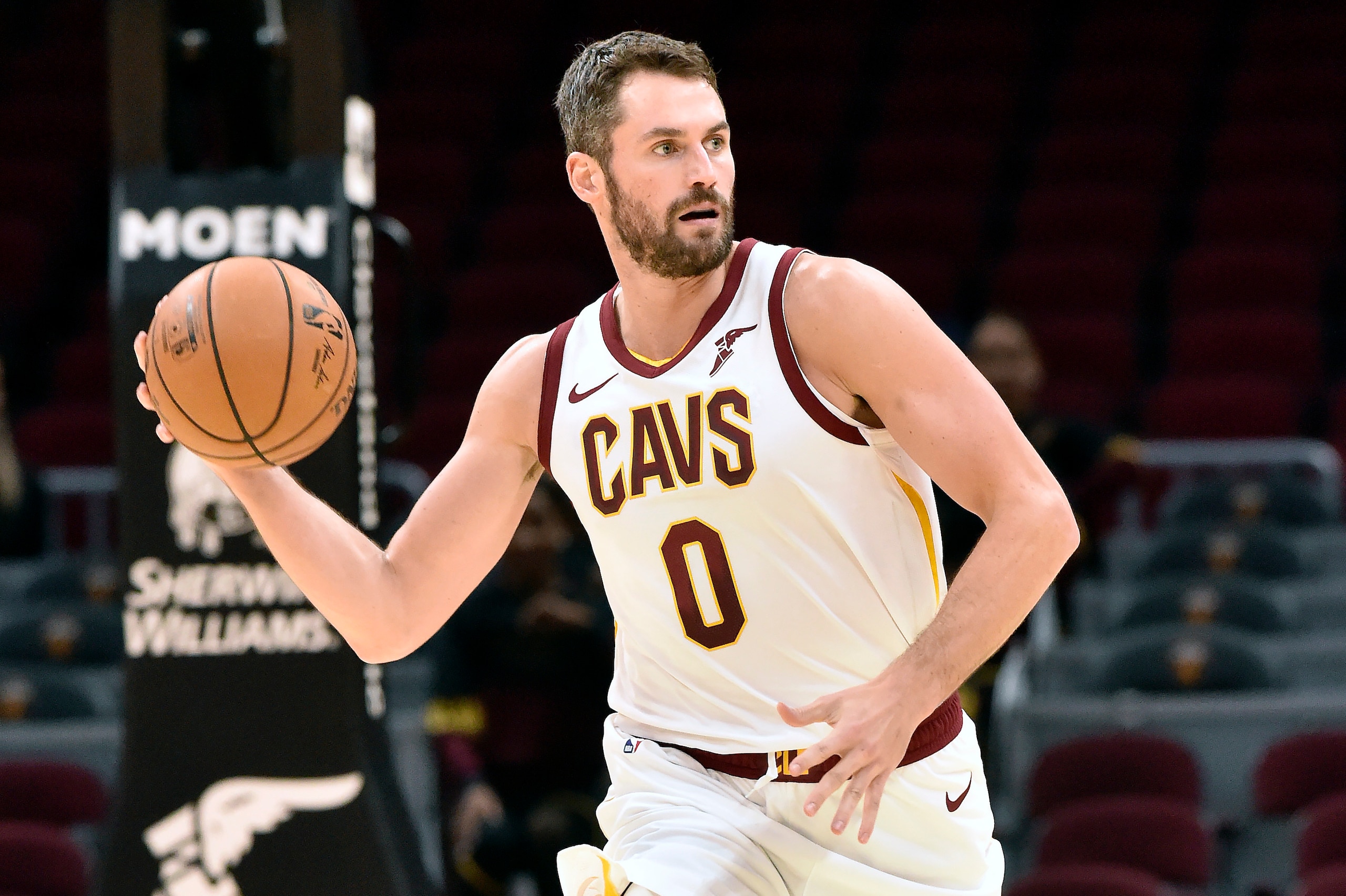 CLEVELAND, OHIO - OCTOBER 07: Kevin Love #0 of the Cleveland Cavaliers drives down court during the first half of a preseason game against San Lorenzo De Almagro at Rocket Mortgage Fieldhouse on October 07, 2019 in Cleveland, Ohio. NOTE TO USER: User exp CLEVELAND, OHIO - OCTOBER 07: Kevin Love #0 of the Cleveland Cavaliers drives down court during the first half of a preseason game against San Lorenzo De Almagro at Rocket Mortgage Fieldhouse on October 07, 2019 in Cleveland, Ohio. NOTE TO USER: User exp