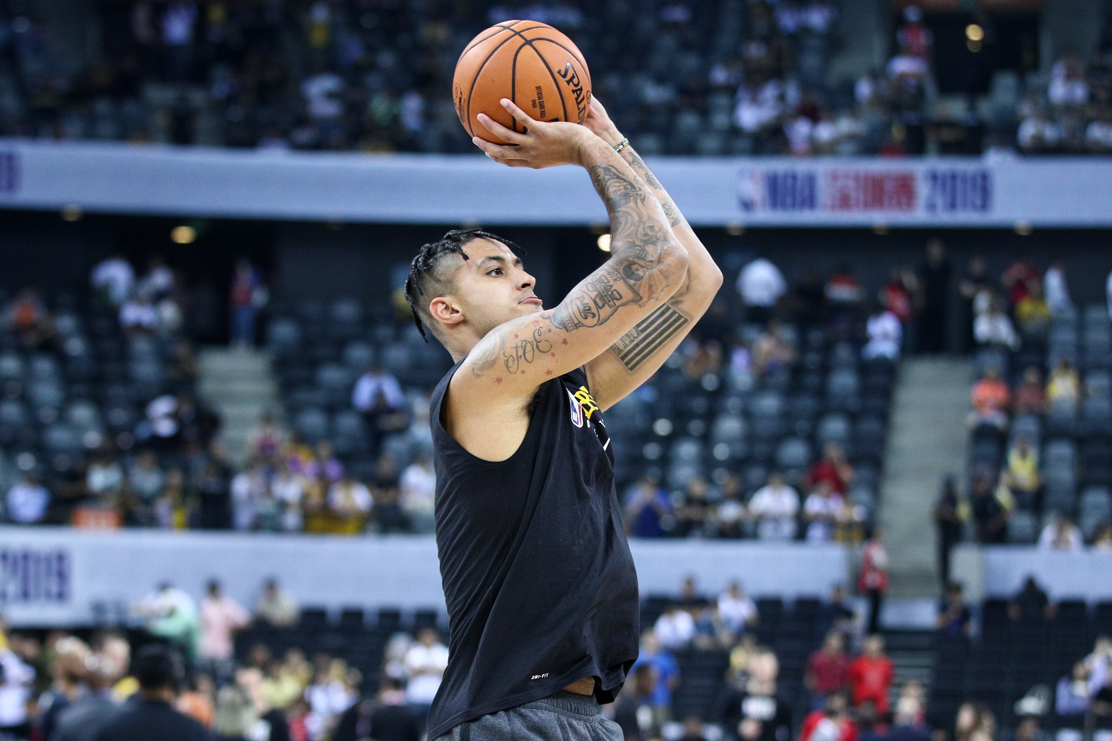 SHENZHEN, CHINA - OCTOBER 12: #0 Kyle Kuzma of the Los Angeles Lakers warms up before the match against the Brooklyn Nets during a preseason game as part of 2019 NBA Global Games China at Shenzhen Universiade Center on October 12, 2019 in Shenzhen, Guangd
