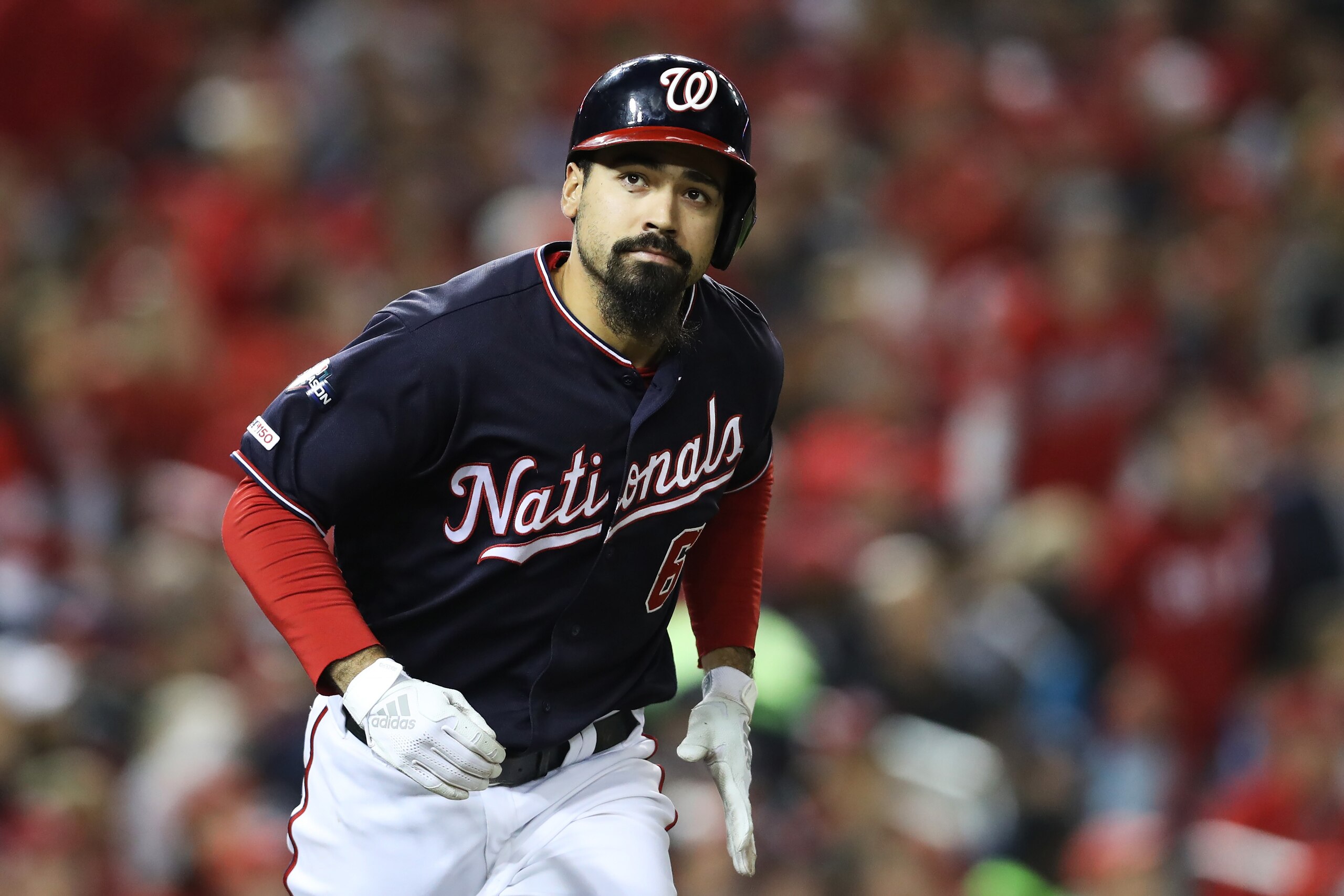 WASHINGTON, DC - OCTOBER 15: Anthony Rendon #6 of the Washington Nationals reacts as he flies out in the seventh inning against the St. Louis Cardinals during game four of the National League Championship Series at Nationals Park on October 15, 2019 in Wa
