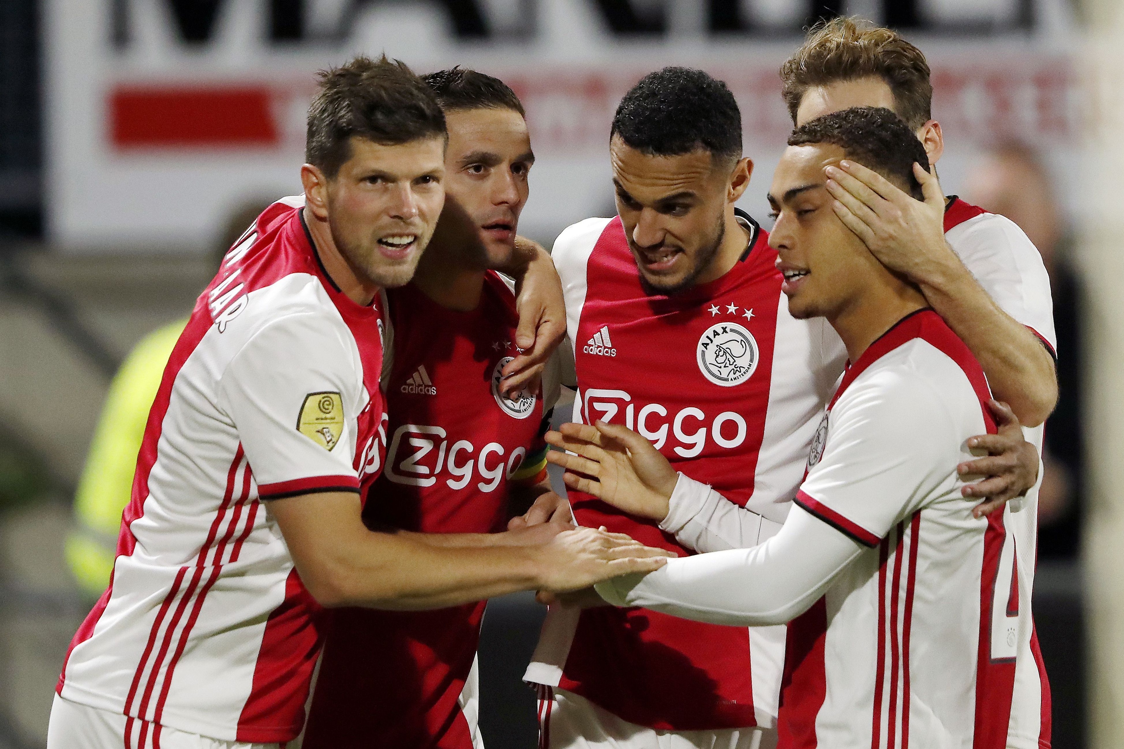 (L-R) Klaas Jan Huntelaar of Ajax, Dusan Tadic of Ajax, Noussair Mazraoui of Ajax, Daley Blind of Ajax, Sergino Dest of Ajax during the Dutch Eredivisie match between RKC Waalwijk and Ajax Amsterdam at Mandemakers Stadium on October 19, 2019 in Waalwijk, (L-R) Klaas Jan Huntelaar of Ajax, Dusan Tadic of Ajax, Noussair Mazraoui of Ajax, Daley Blind of Ajax, Sergino Dest of Ajax during the Dutch Eredivisie match between RKC Waalwijk and Ajax Amsterdam at Mandemakers Stadium on October 19, 2019 in Waalwijk,