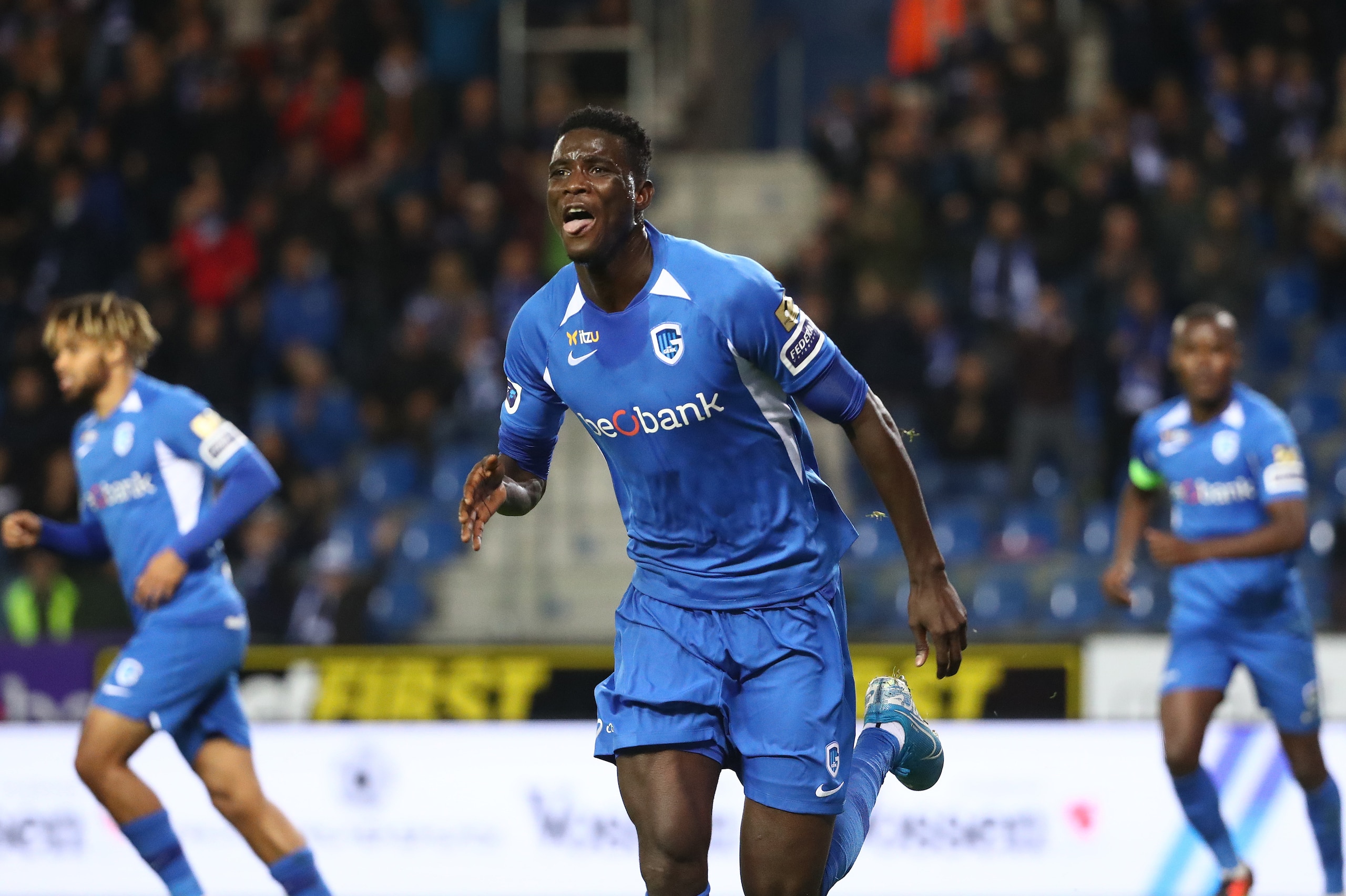 GENK, BELGIUM - OCTOBER 06: Paul Onuachu of Krc Genk celebrates after scoring a goal during the Jupiler Pro League match between KRC Genk and Royal Excel Mouscron Peruwelz at Luminus Arena on October 6, 2019 in Genk, Belgium. (Photo by Vincent Van Doornic GENK, BELGIUM - OCTOBER 06: Paul Onuachu of Krc Genk celebrates after scoring a goal during the Jupiler Pro League match between KRC Genk and Royal Excel Mouscron Peruwelz at Luminus Arena on October 6, 2019 in Genk, Belgium. (Photo by Vincent Van Doornic