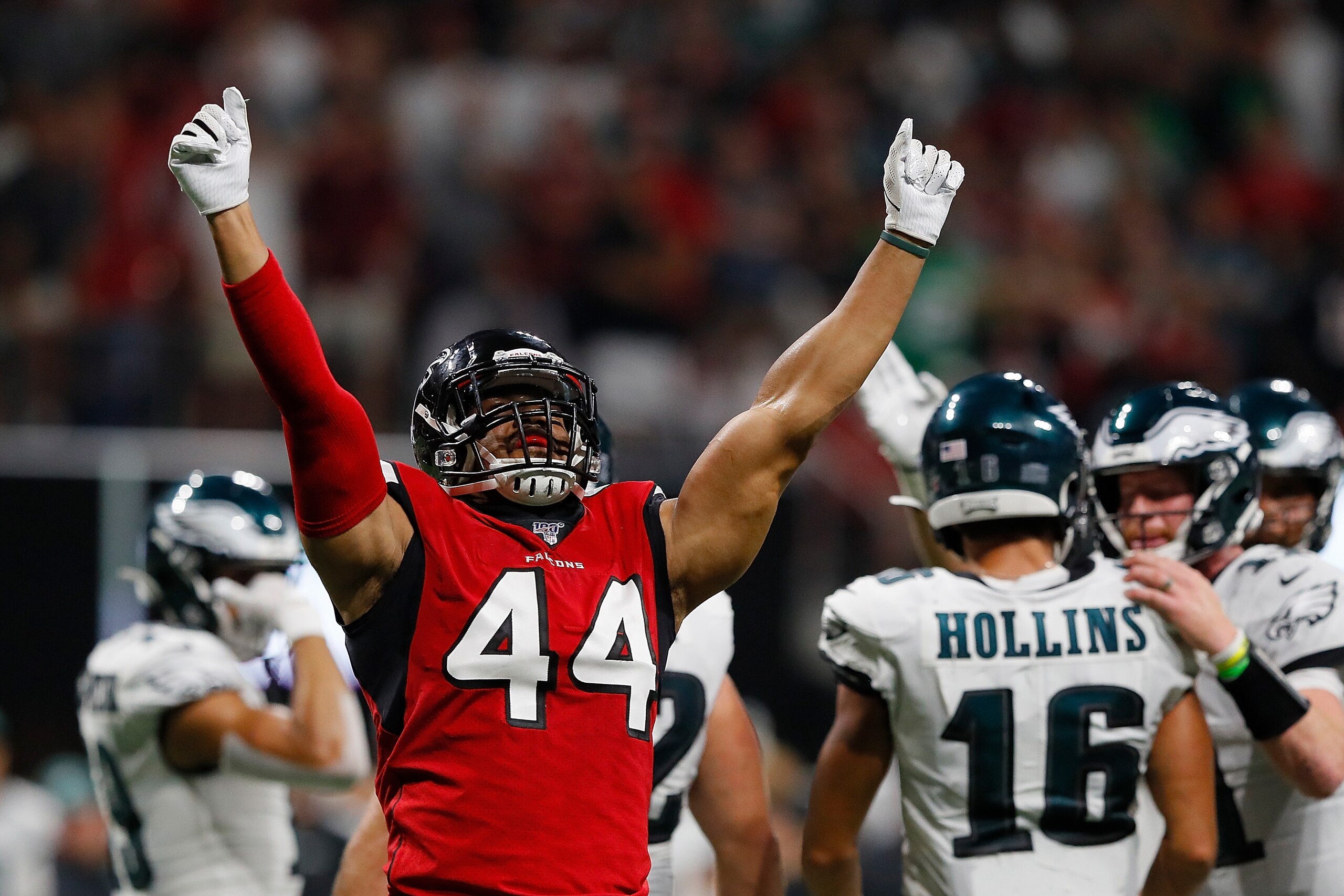 ATLANTA, GEORGIA - SEPTEMBER 15:  Vic Beasley Jr. #44 of the Atlanta Falcons reacts after they stopped Zach Ertz #86 of the Philadelphia Eagles from converting a fourth down in the final seconds of their 24-20 win at Mercedes-Benz Stadium on September 15,