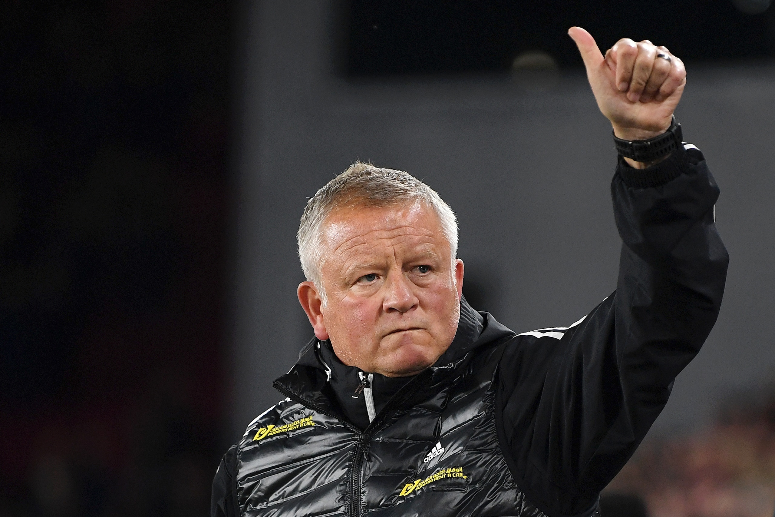 SHEFFIELD, ENGLAND - OCTOBER 21:   Chris Wilder, Manager of Sheffield United gives a thumbs up ahead of the Premier League match between Sheffield United and Arsenal FC at Bramall Lane on October 21, 2019 in Sheffield, United Kingdom. (Photo by Michael Re