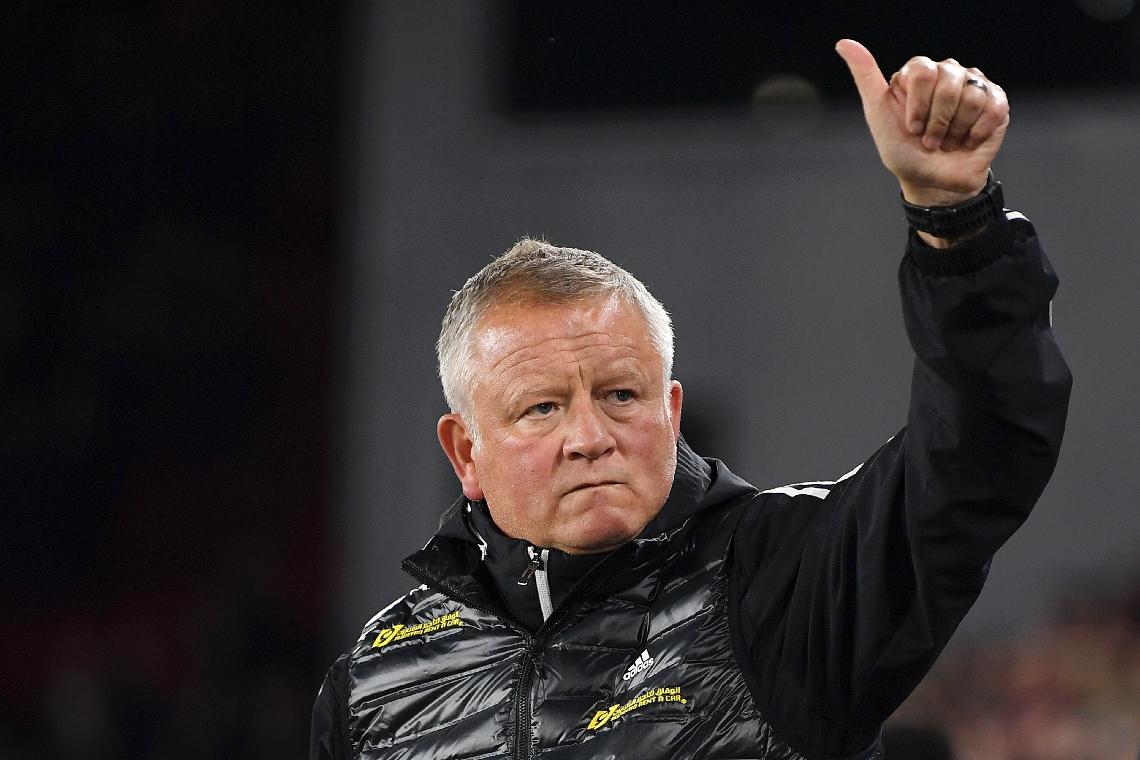 SHEFFIELD, ENGLAND - OCTOBER 21:   Chris Wilder, Manager of Sheffield United gives a thumbs up ahead of the Premier League match between Sheffield United and Arsenal FC at Bramall Lane on October 21, 2019 in Sheffield, United Kingdom. (Photo by Michael Re