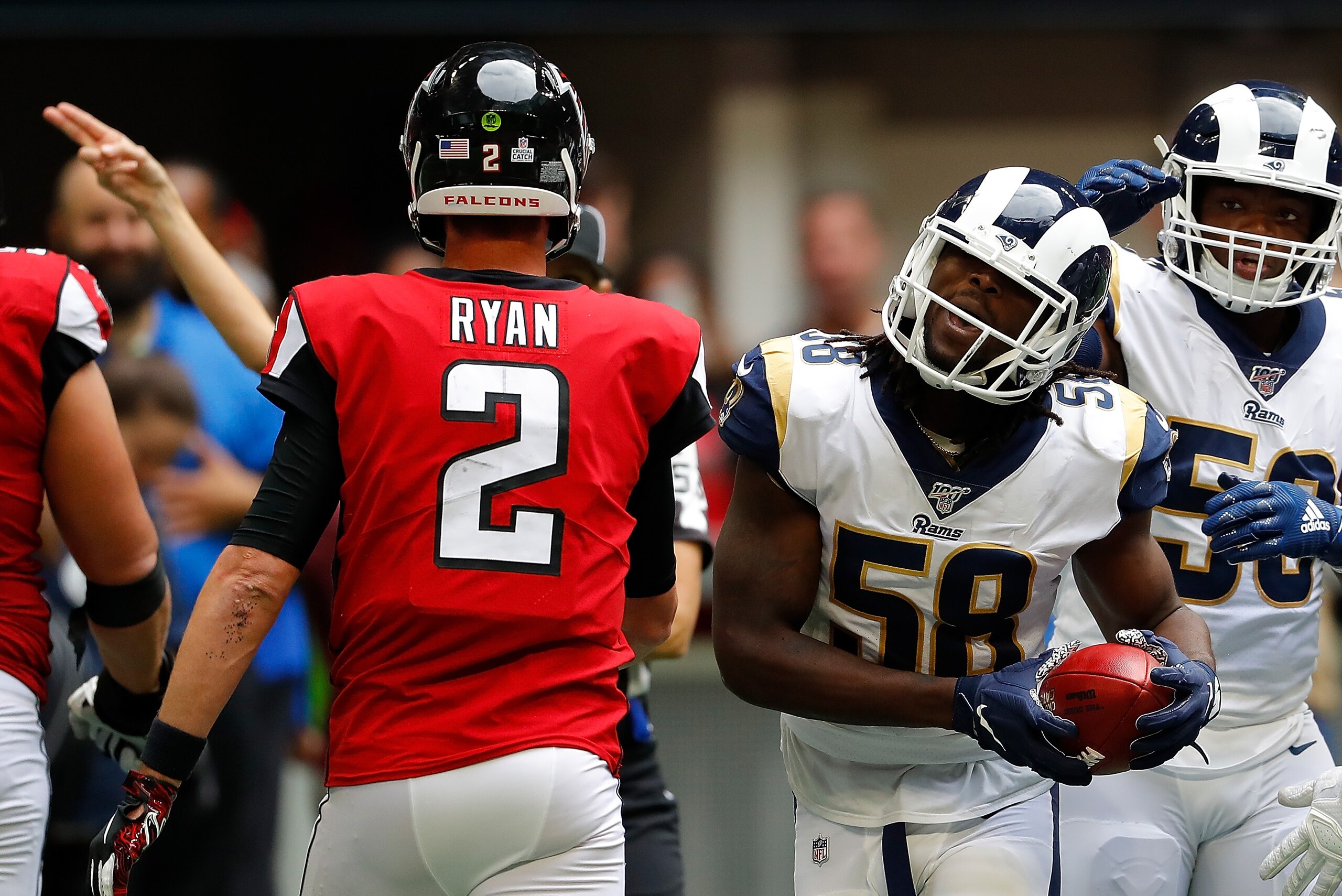 ATLANTA, GEORGIA - OCTOBER 20:  Cory Littleton #58 of the Los Angeles Rams reacts after recovering a turnover by the Atlanta Falcons in the second half at Mercedes-Benz Stadium on October 20, 2019 in Atlanta, Georgia. (Photo by Kevin C. Cox/Getty Images)