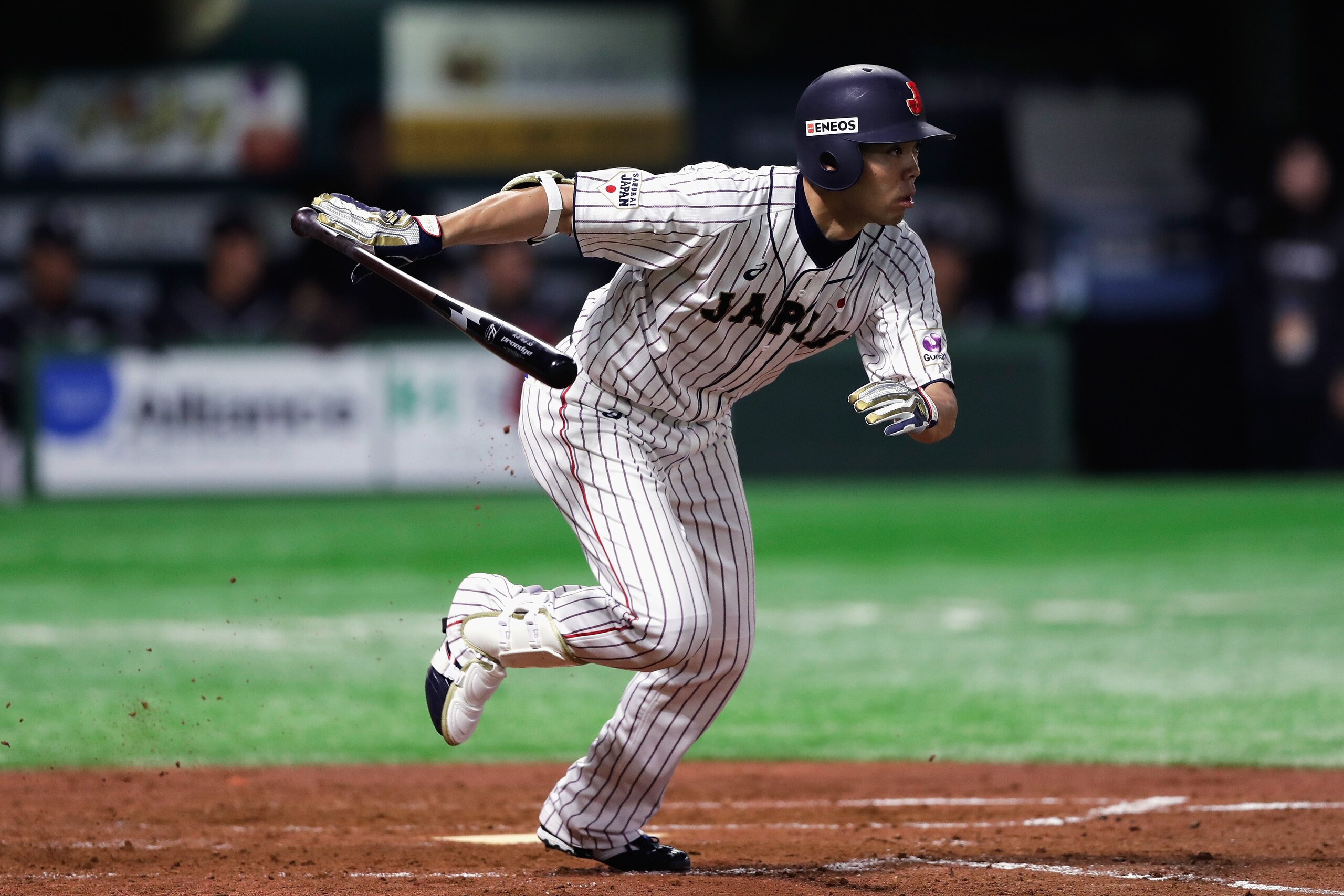 FUKUOKA, JAPAN - NOVEMBER 07:  Outfielder Shogo Akiyama #51 of Japan grounds out in the bottom of 3rd inning during the baseball friendly between Japan and Chinese Taipei at Fukuoka Yahuoku! Dome on November 7, 2018 in Fukuoka, Japan.  (Photo by Kiyoshi O