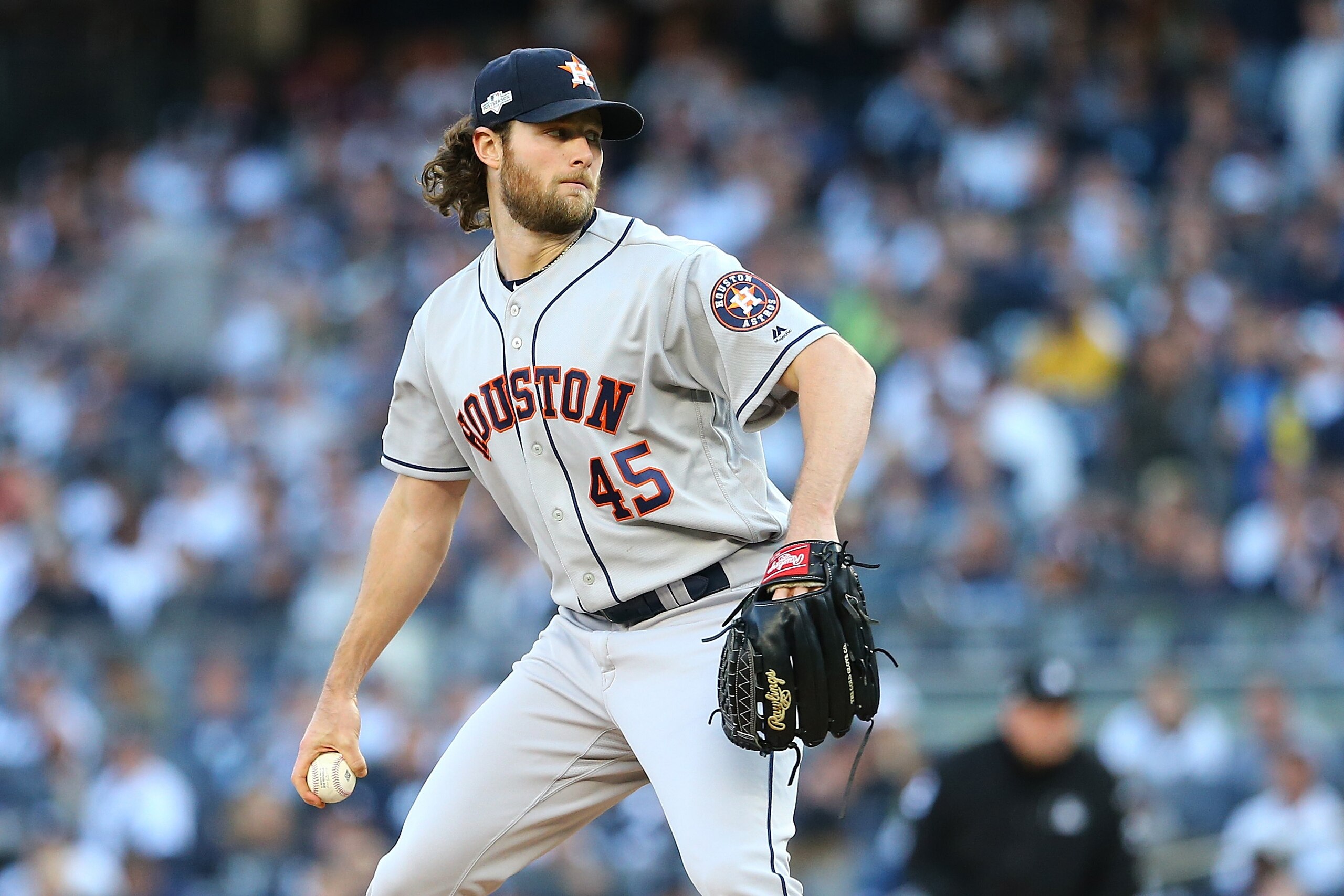 NEW YORK, NEW YORK - OCTOBER 15:  Gerrit Cole #45 of the Houston Astros in action against the New York Yankees during game three of the American League Championship Series at Yankee Stadium at Yankee Stadium on October 15, 2019 in New York City. Houston A