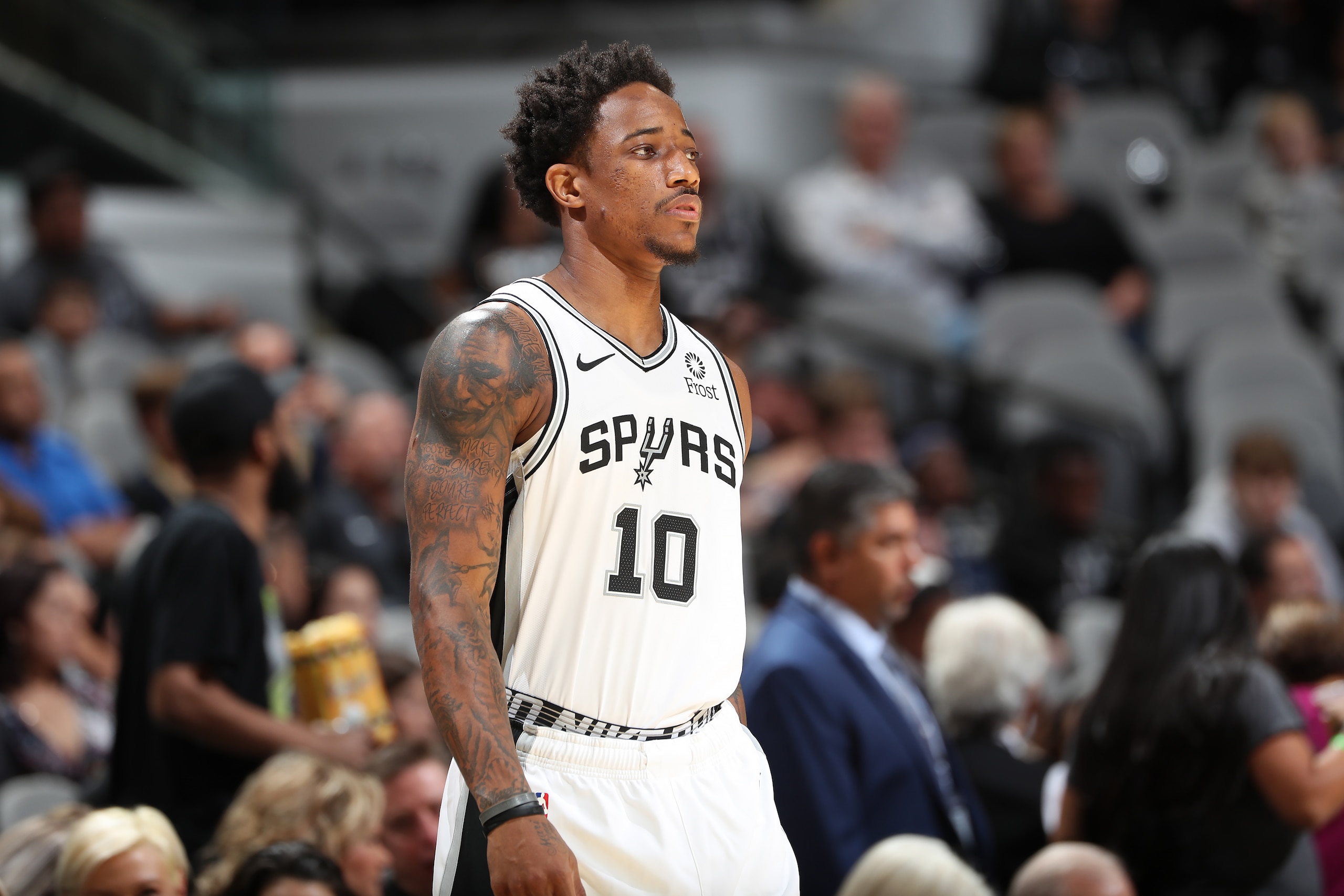 SAN ANTONIO, TX - OCTOBER 13: DeMar DeRozan #10 of the San Antonio Spurs looks on against the New Orleans Pelicans during a pre-season game on October 13, 2019 at the AT&T Center in San Antonio, Texas. NOTE TO USER: User expressly acknowledges and agrees 