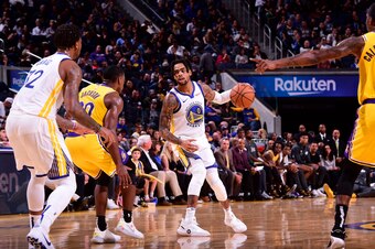 SAN FRANCISCO, CA - OCTOBER 18: D'Angelo Russell #0 of the Golden State Warriors handles the ball against the Los Angeles Lakers during a pre-season game on October 18, 2019 at Chase Center in San Francisco, California. NOTE TO USER: User expressly acknow