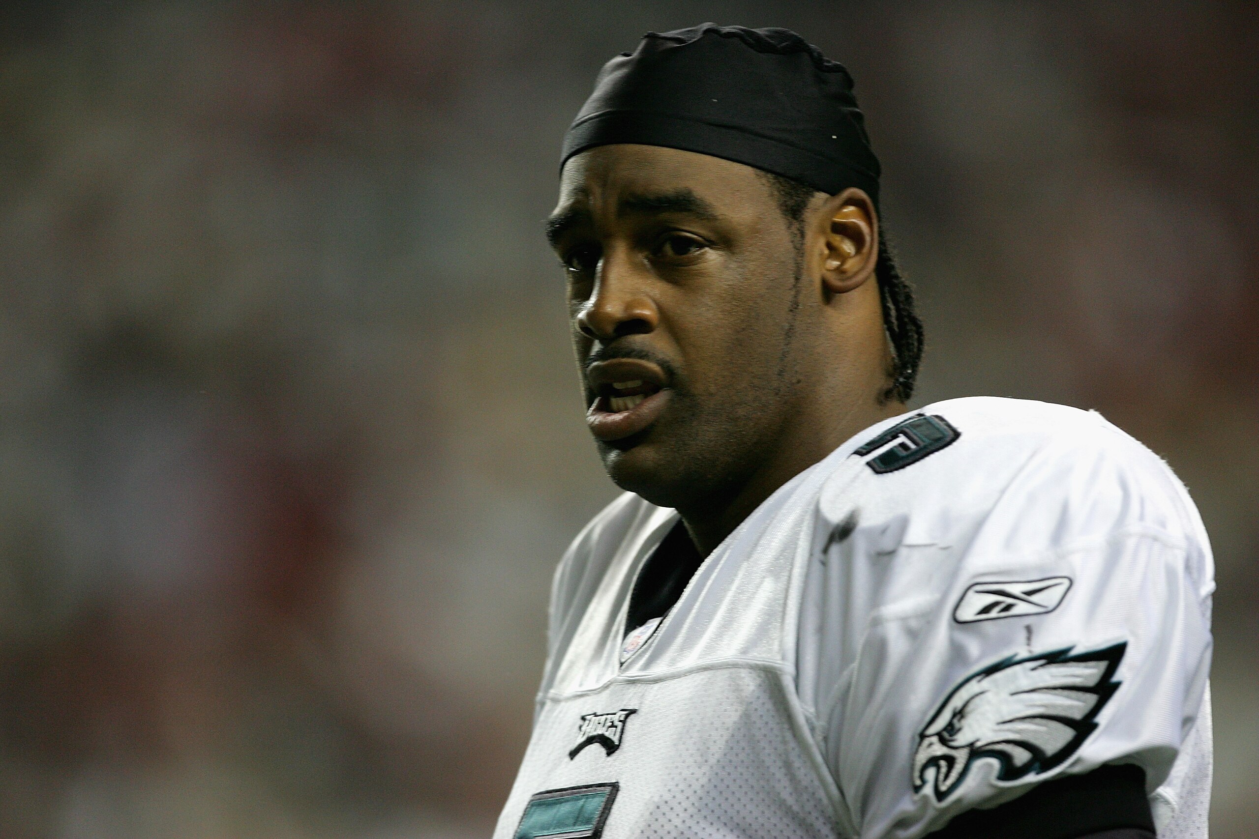 ATLANTA, GA - SEPTEMBER 12:  Donovan McNabb #5 of the Philadelphia Eagles walks off of the field during a game against the Atlanta Falcons September 12, 2005 at the Georgia Dome in Atlanta, Georgia.  The Falcons defeated the Eagles 14-10. (Photo by Street