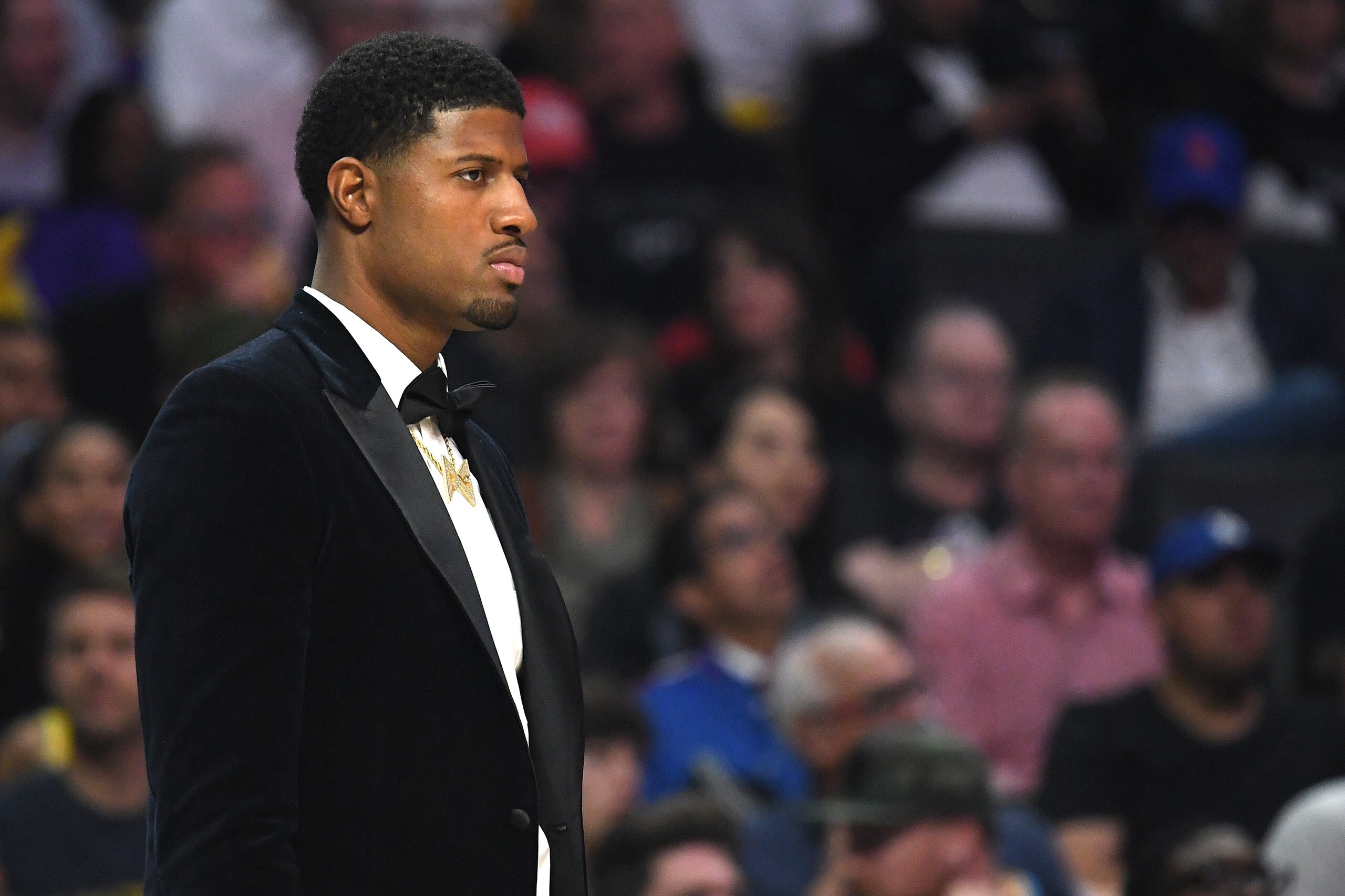LOS ANGELES, CALIFORNIA - OCTOBER 22:  Paul George #13 of the LA Clippers watches from the bench during a 112-102 win over the Los Angeles Lakers in the LA Clippers season home opener at Staples Center on October 22, 2019 in Los Angeles, California. (Phot