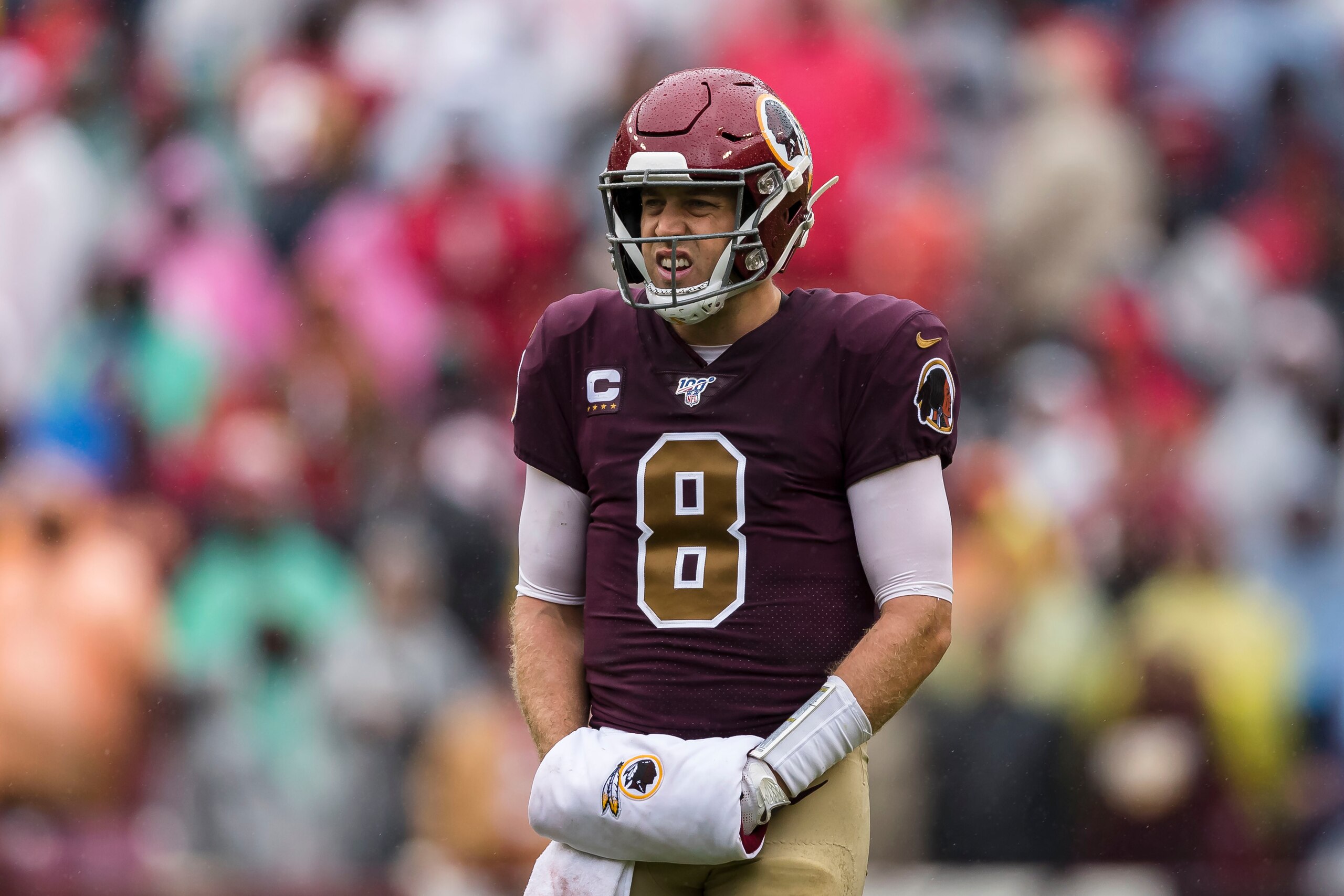 LANDOVER, MD - OCTOBER 20: Case Keenum #8 of the Washington Redskins looks on against the San Francisco 49ers during the first half at FedExField on October 20, 2019 in Landover, Maryland. (Photo by Scott Taetsch/Getty Images)