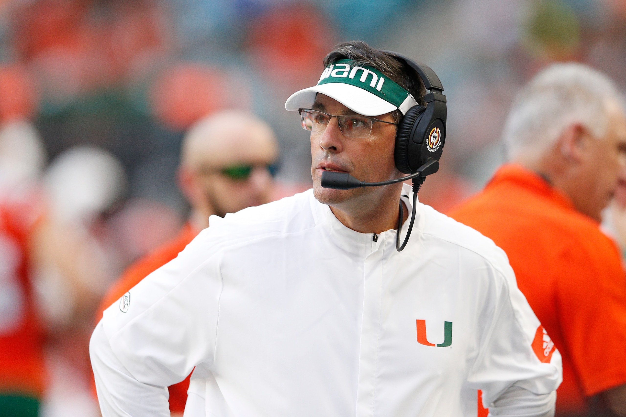 MIAMI, FLORIDA - SEPTEMBER 14:  Offensive coordinator Dan Enos of the Miami Hurricanes looks on against the Bethune Cookman Wildcats at Hard Rock Stadium on September 14, 2019 in Miami, Florida. (Photo by Michael Reaves/Getty Images)