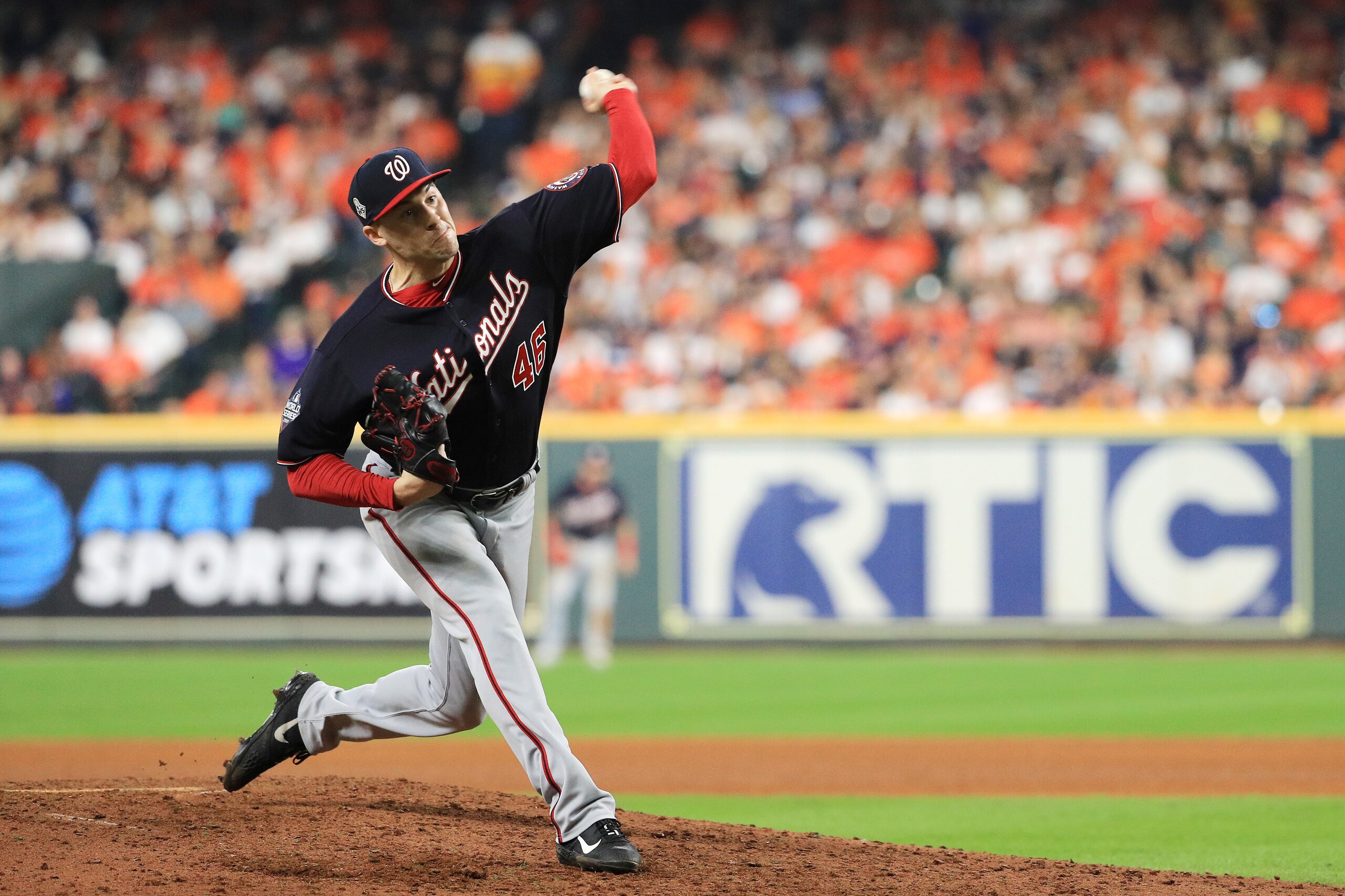 HOUSTON, TEXAS - OCTOBER 22:  Patrick Corbin #46 of the Washington Nationals delivers the pitch against the Houston Astros during the sixth inning in Game One of the 2019 World Series at Minute Maid Park on October 22, 2019 in Houston, Texas. (Photo by Mi