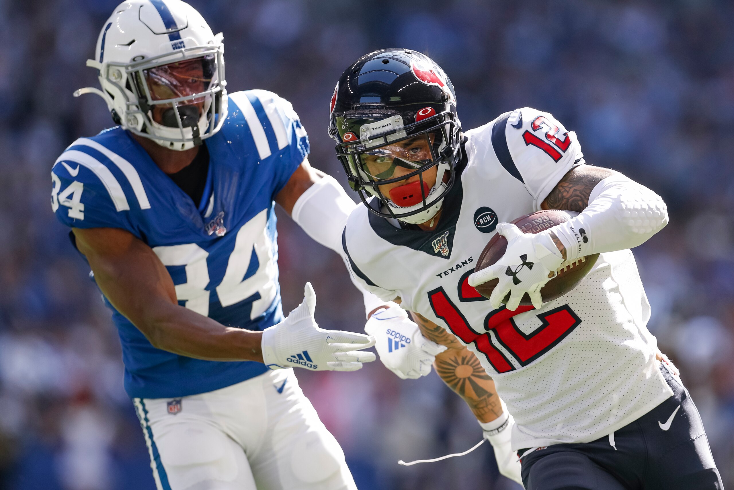 INDIANAPOLIS, IN - OCTOBER 20: Kenny Stills #12 of the Houston Texans runs the ball during the game against the Indianapolis Colts at Lucas Oil Stadium on October 20, 2019 in Indianapolis, Indiana. (Photo by Michael Hickey/Getty Images)